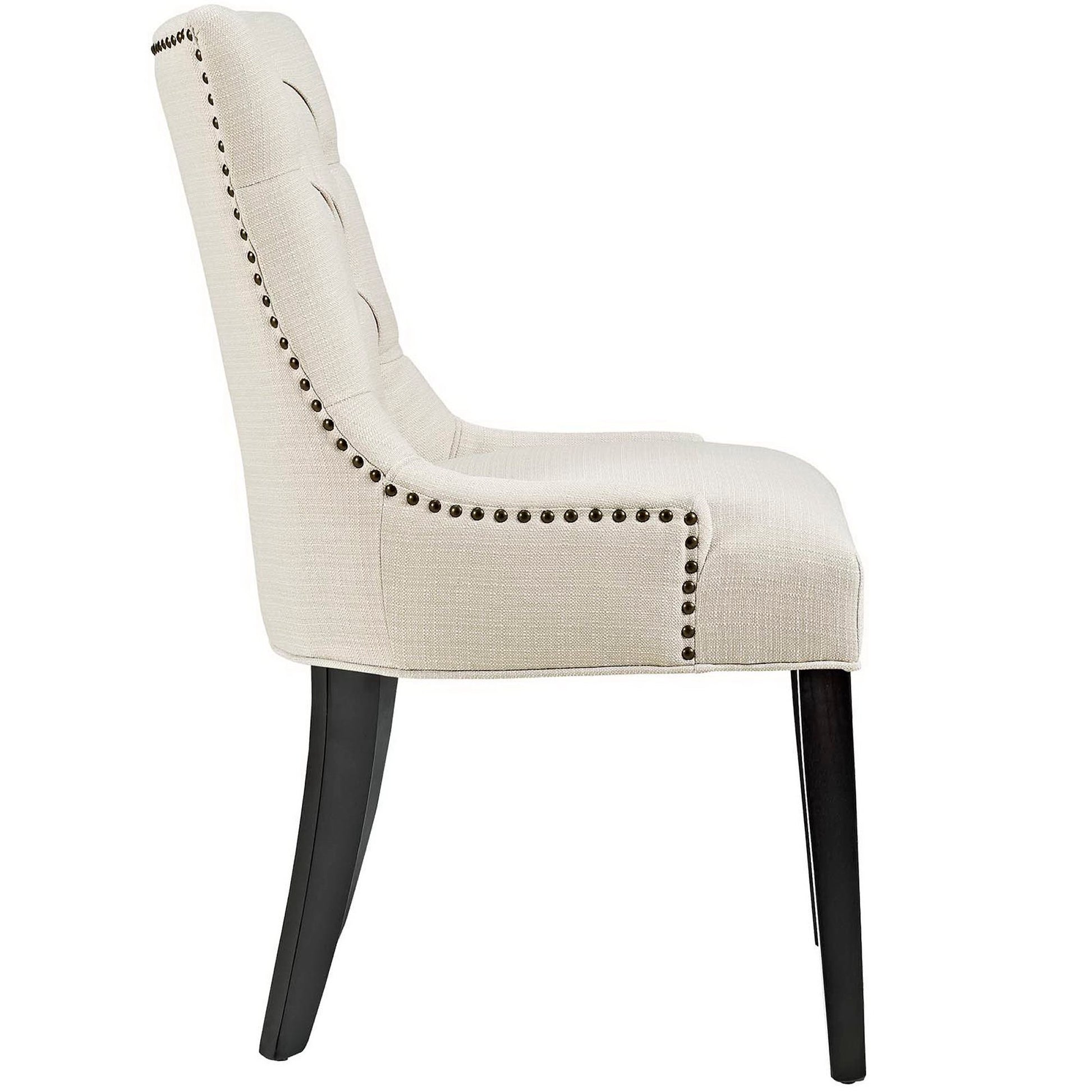 Brown tufted fabric dining chair with nailhead trim along the edge, curved high back & dark wood legs (side profile).