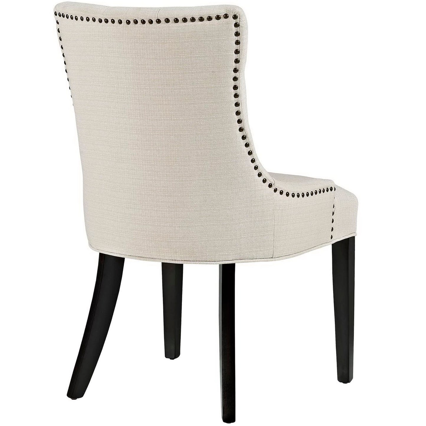 Beige fabric dining chair with curved back, dark wood legs, and nailhead trim along the edges.