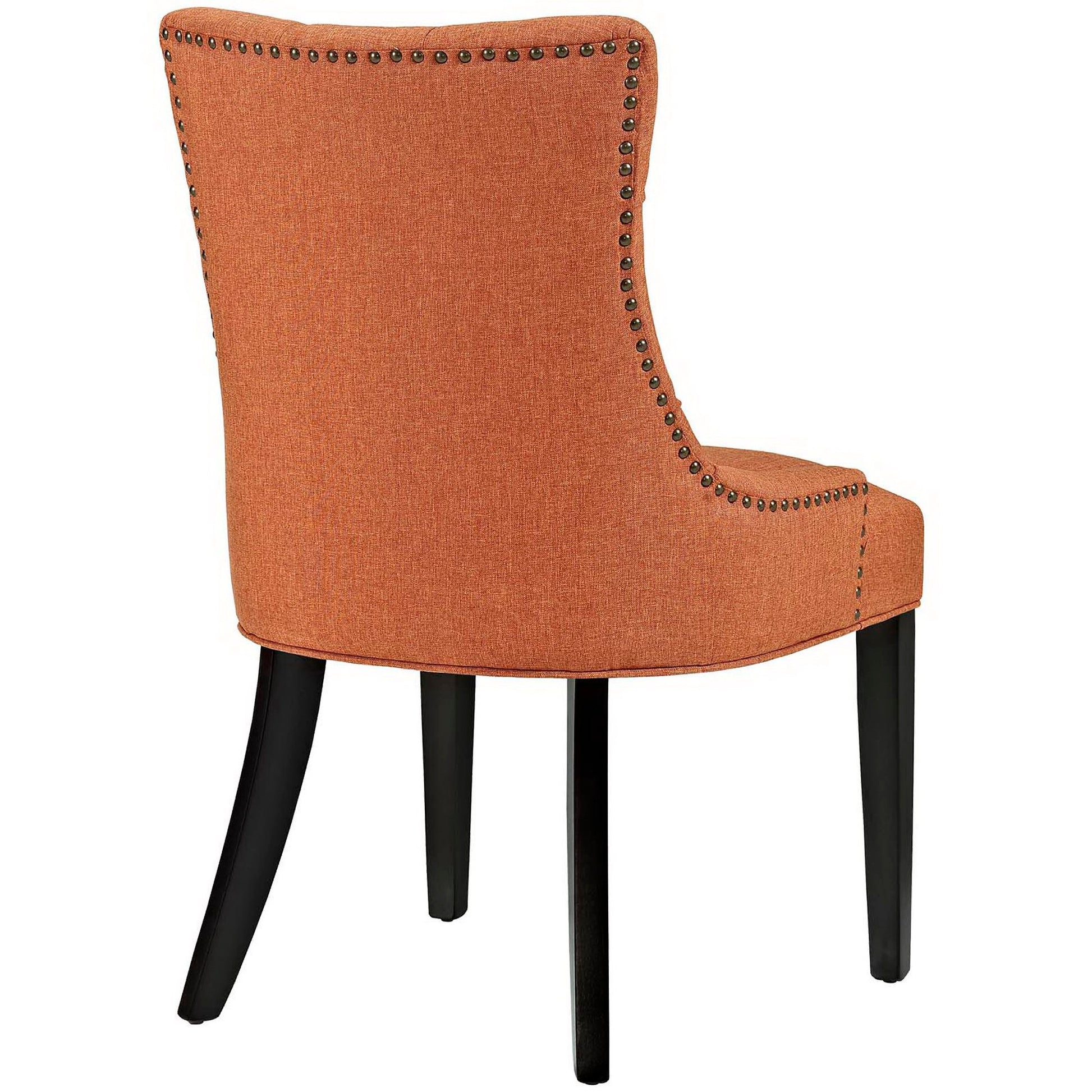 Orange tufted fabric dining chair with tall curved back, nailhead trim, and dark wood legs.