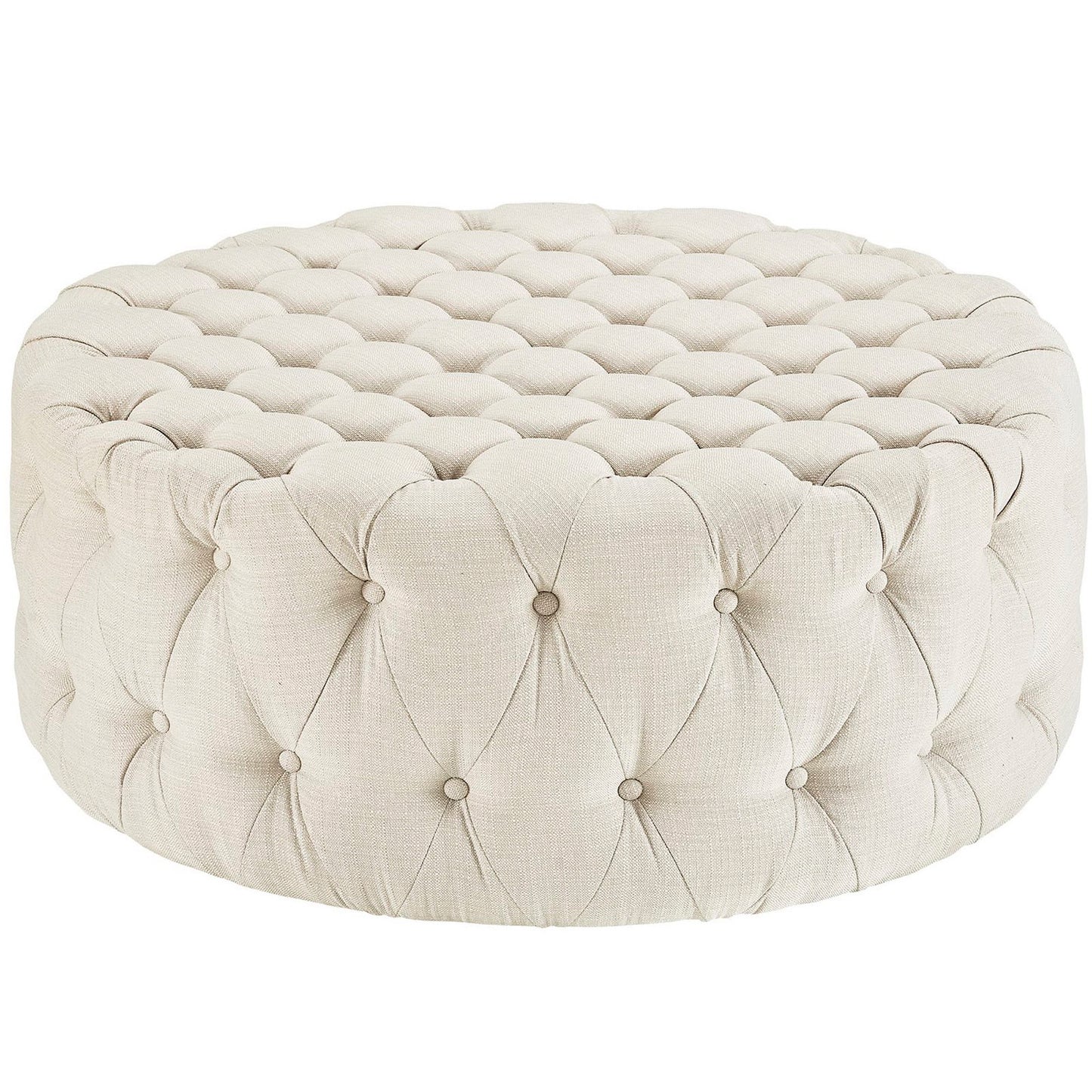 Beige round tufted pouf ottoman in linen fabric with button tufting.