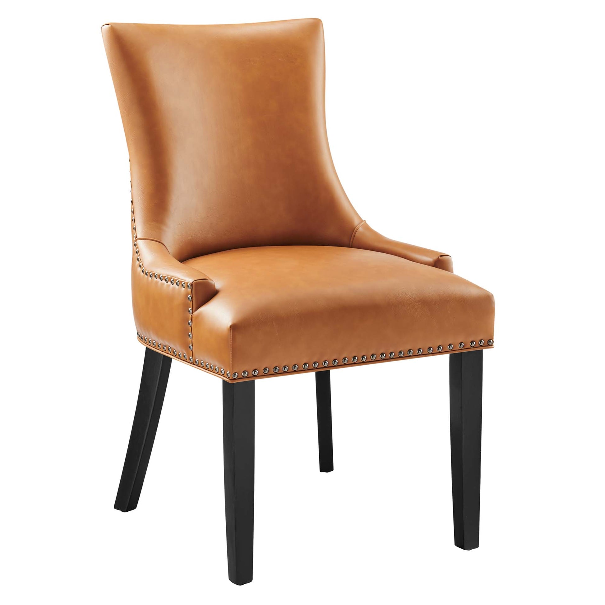 Tan vegan leather dining chair with nailhead trim, high back, curved arms, and black tapered wood legs.