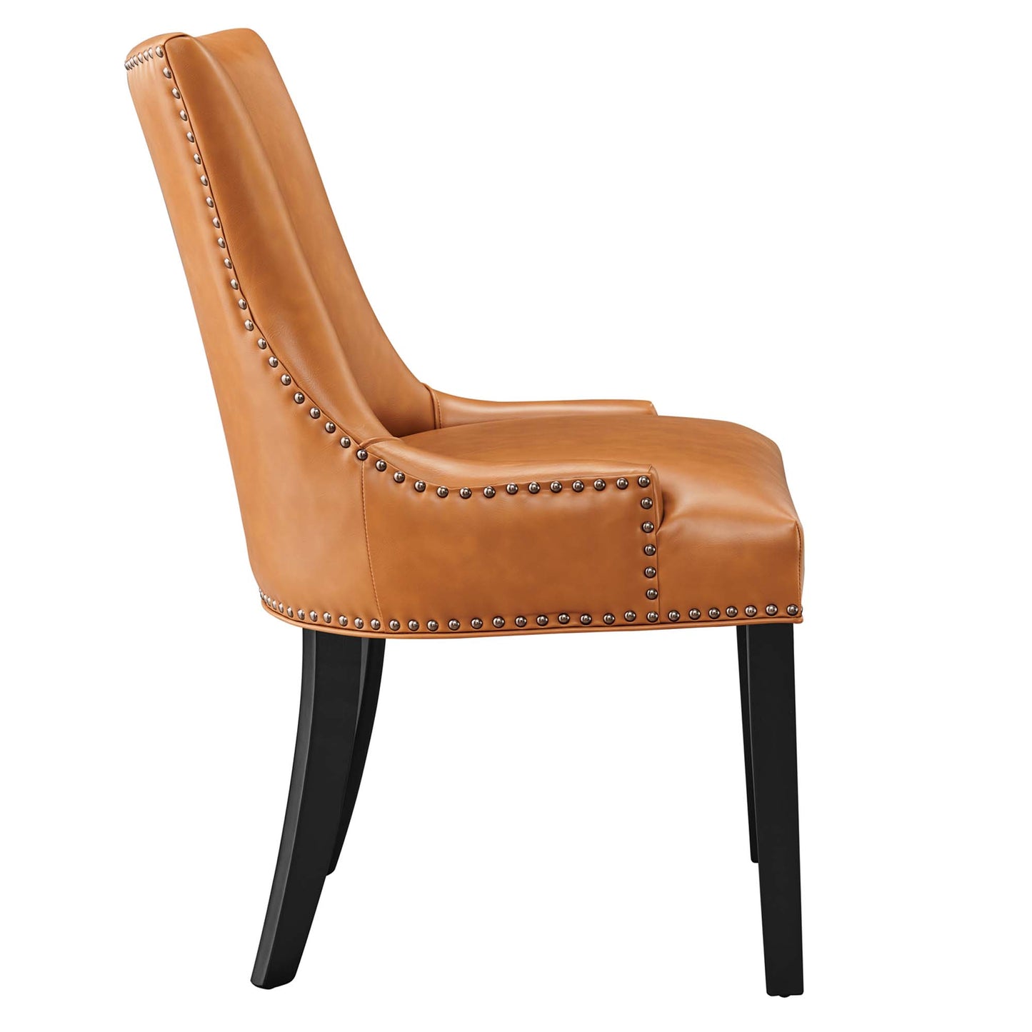 Tan vegan leather dining chair with nailhead trim, curved back & seat, black wooden legs.