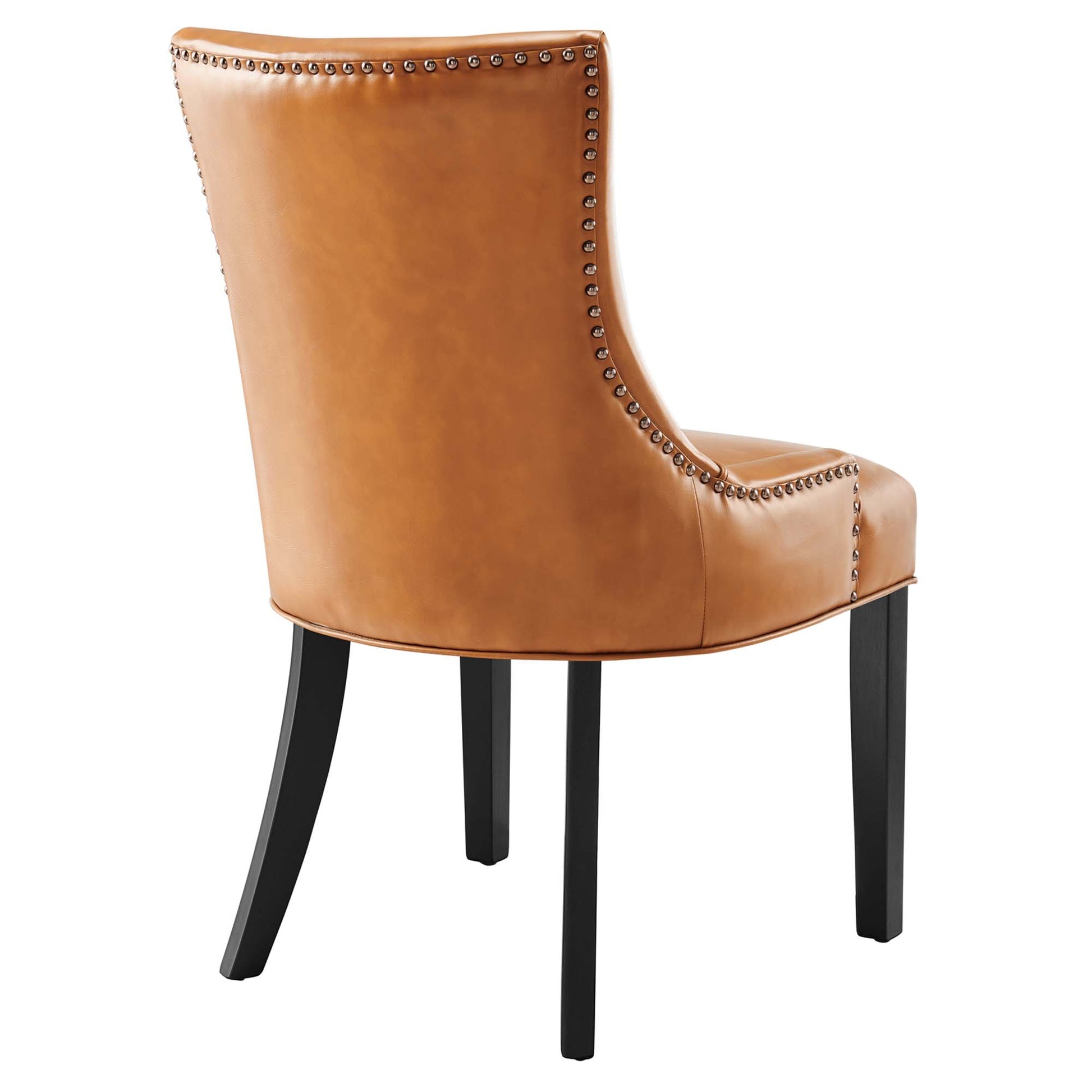 Tan vegan leather dining chair with nailhead trim, curved back, and black wooden legs.