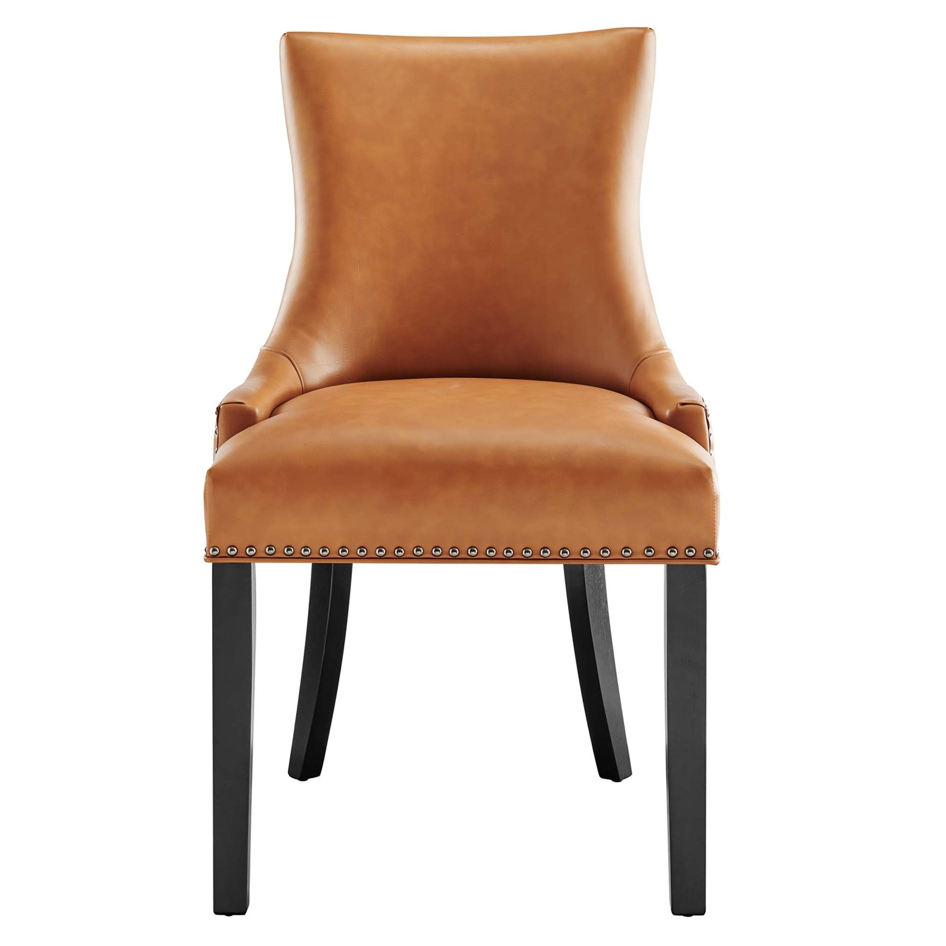 Tan vegan leather dining chair with high curved back, nailhead trim along the seat edge, and dark wooden legs.