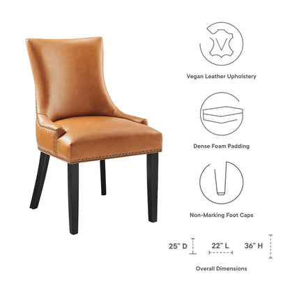 Tan vegan leather dining chair with high back, nailhead trim, dense foam padding, non-marking foot caps, black legs.