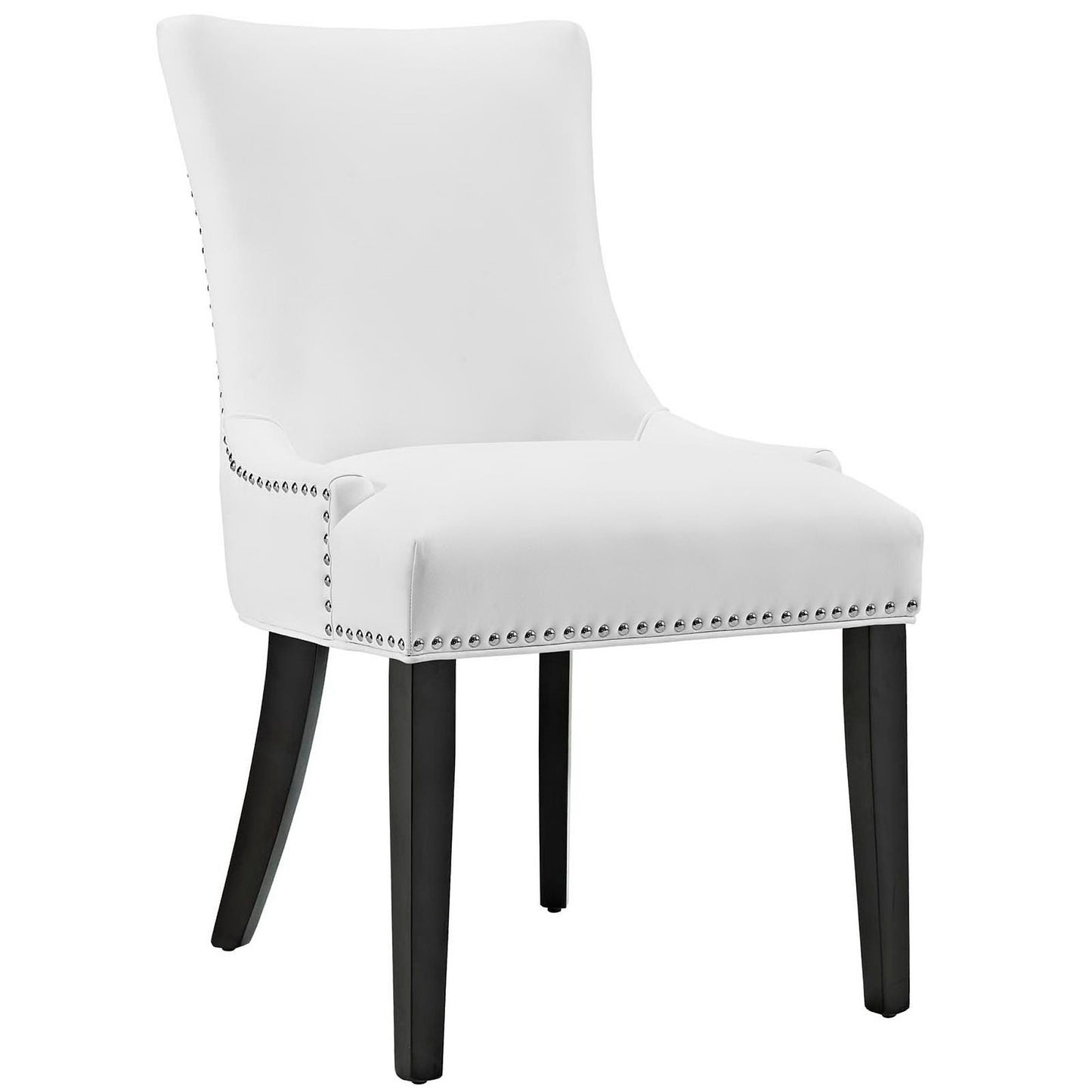 White upholstered dining chair with nailhead stud trim, curved back & cushioned seat on dark wooden legs.