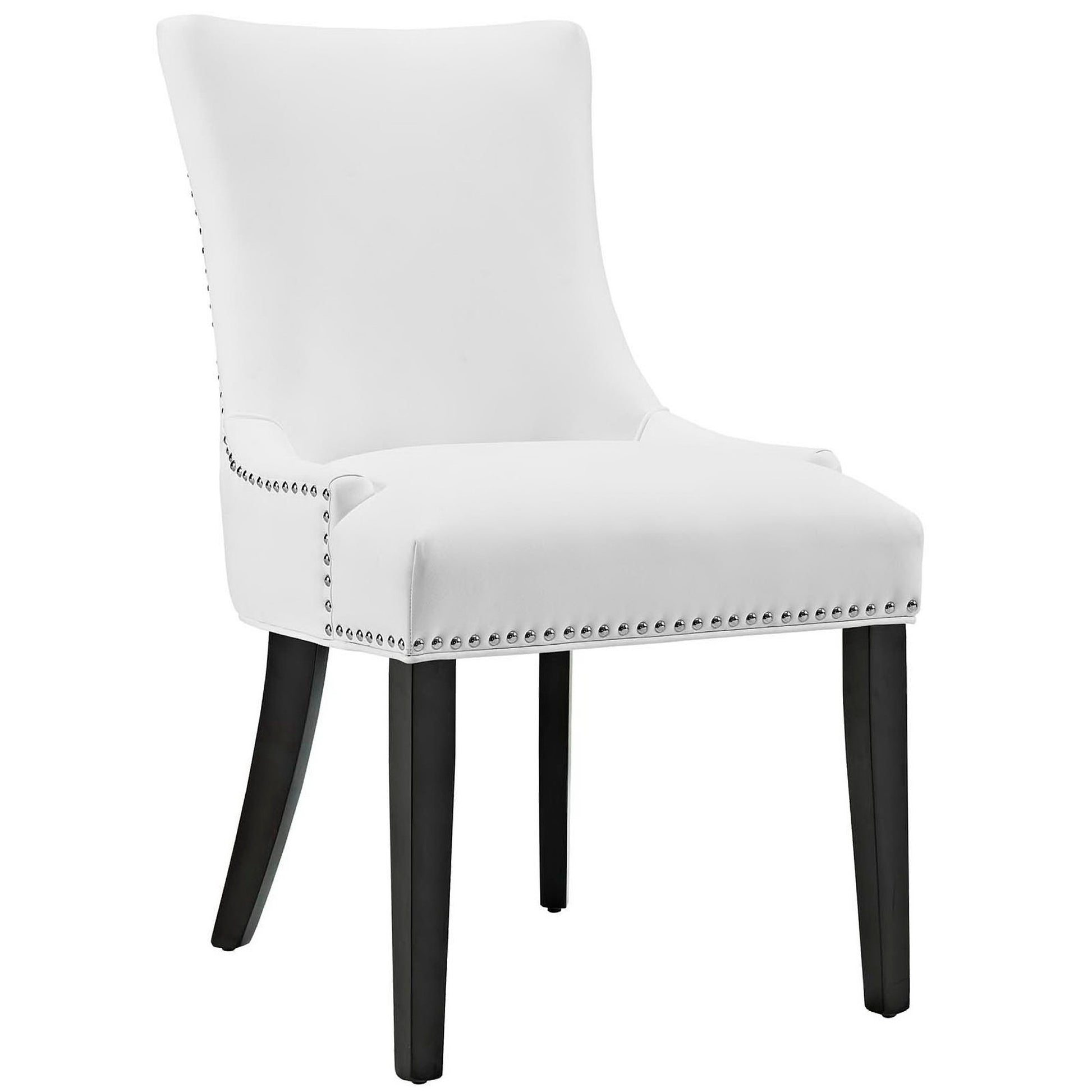 White upholstered dining chair with nailhead stud trim, curved back & cushioned seat on dark wooden legs.