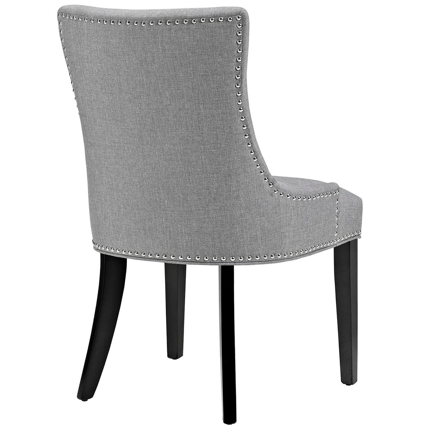 Gray upholstered dining chair with nailhead trim, curved back, cushioned seat, dark wood legs.