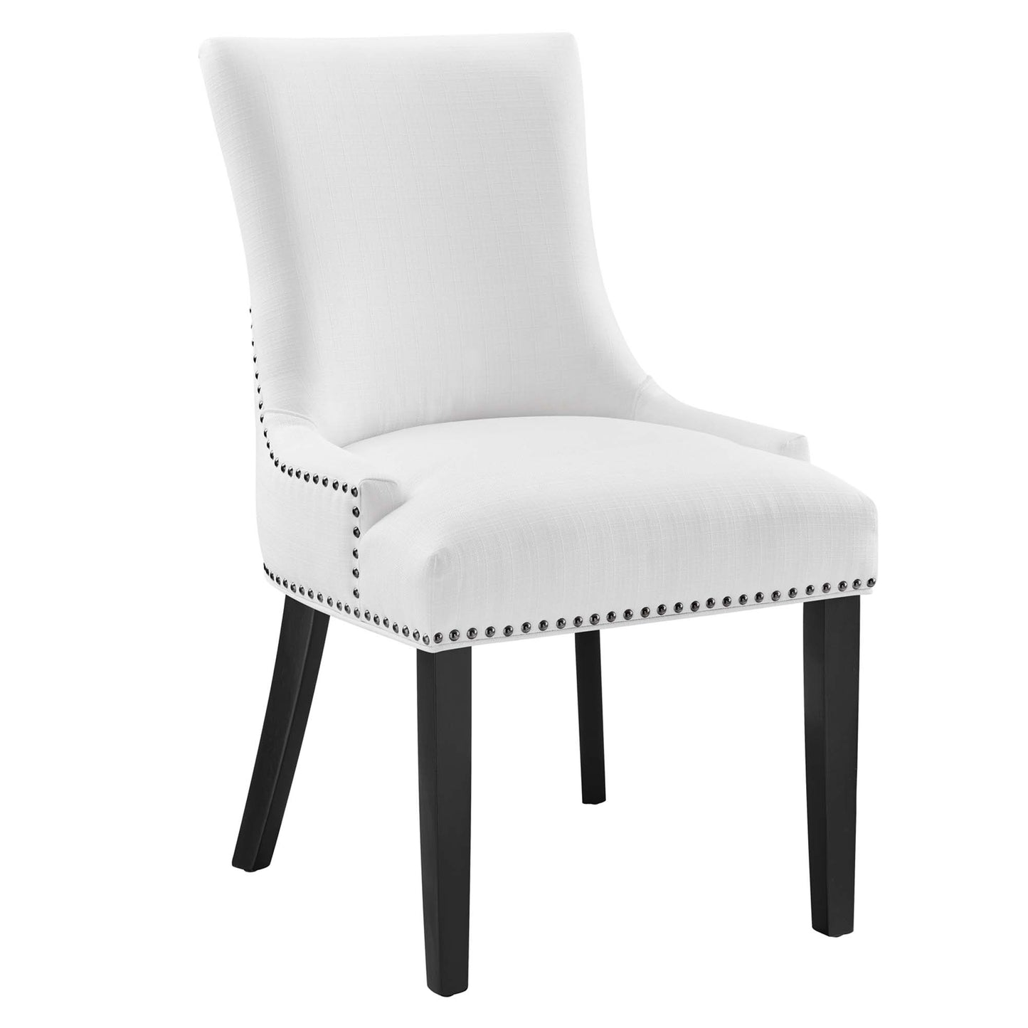 White upholstered dining chair with dark wooden legs, curved back and nailhead trim for a classic-modern look.