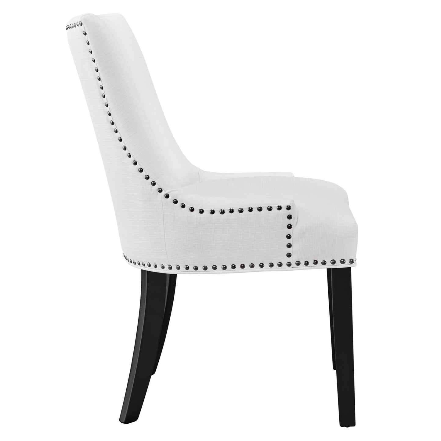 White upholstered dining chair with curved back, dark wood legs, and silver nailhead trim along the edges.