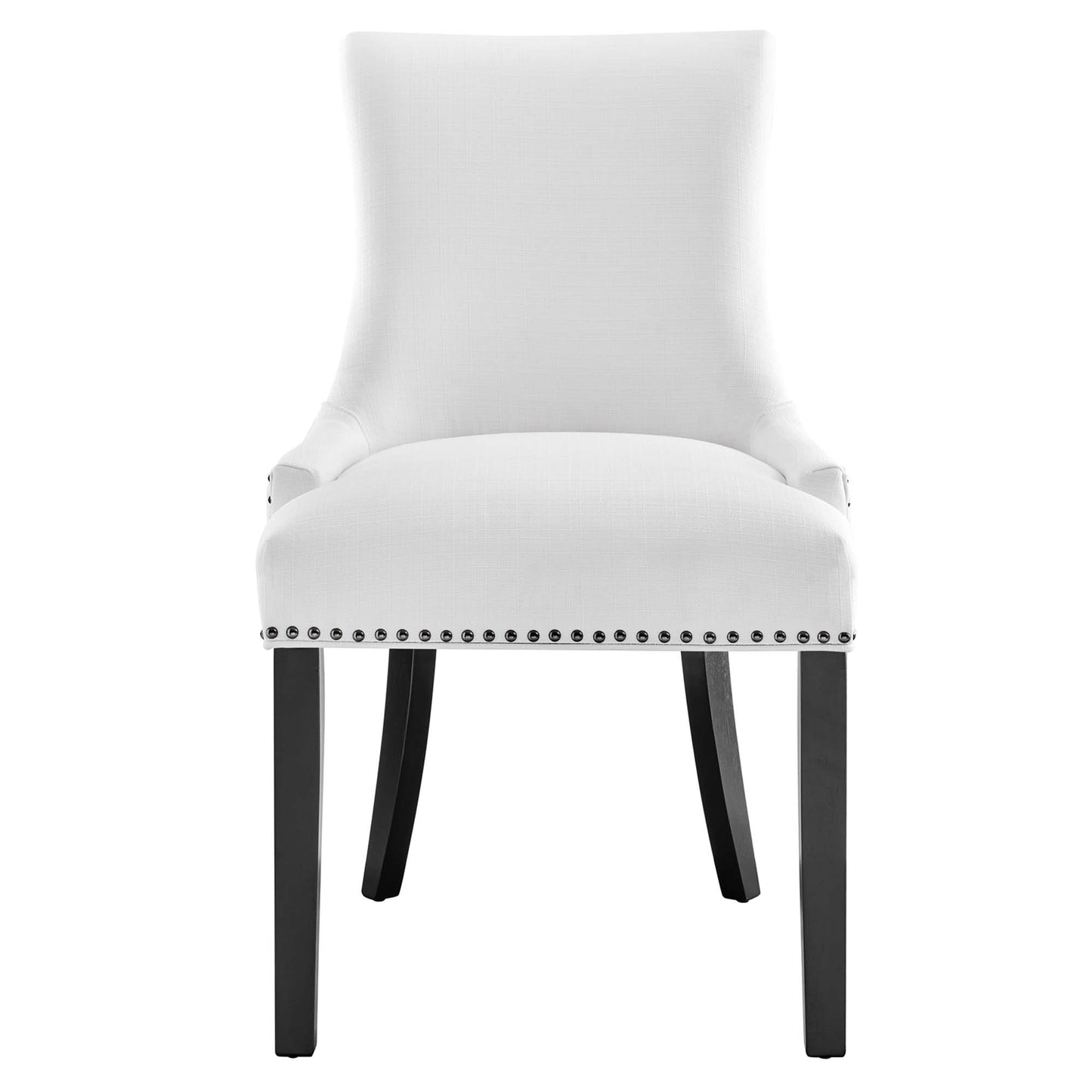 White upholstered dining chair with nailhead trim, tall curved back, armless, black square legs.