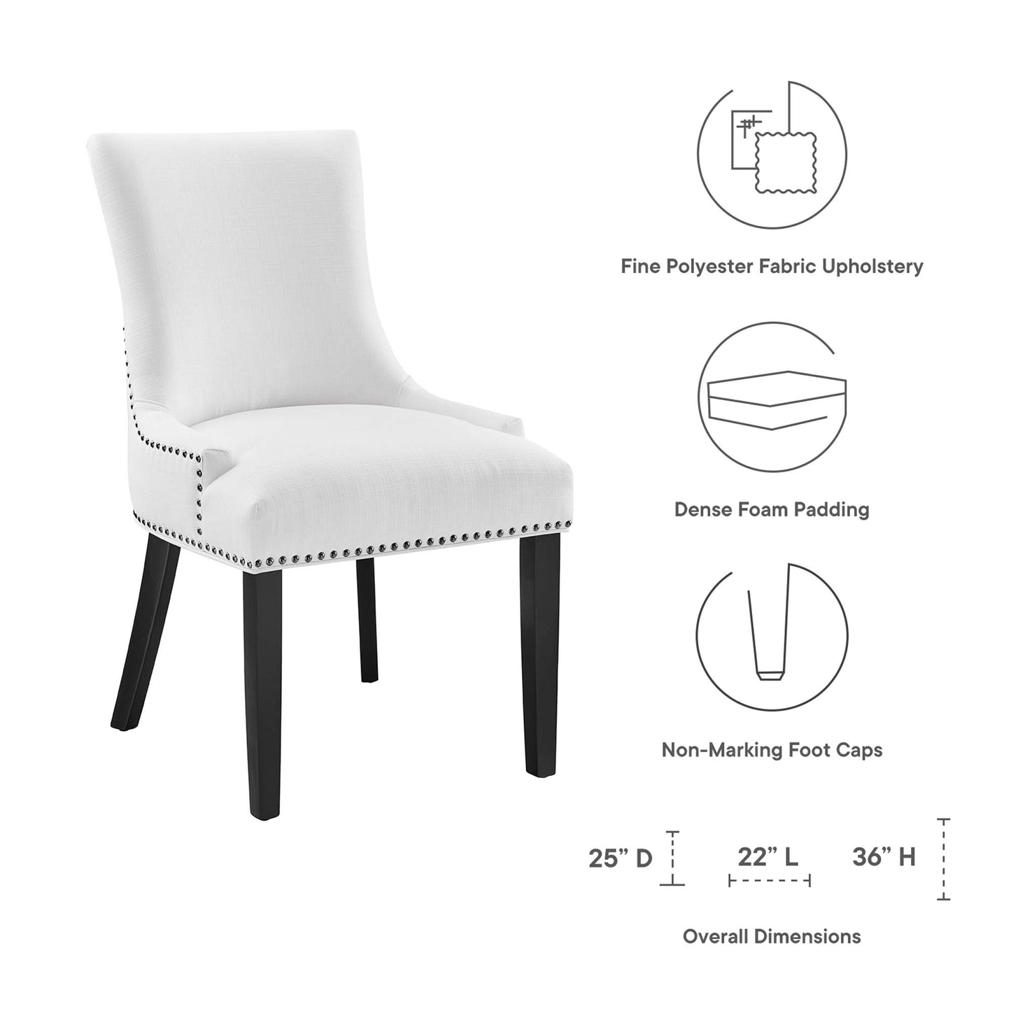 White upholstered dining chair with dark wood legs, nailhead trim, dense foam padding.