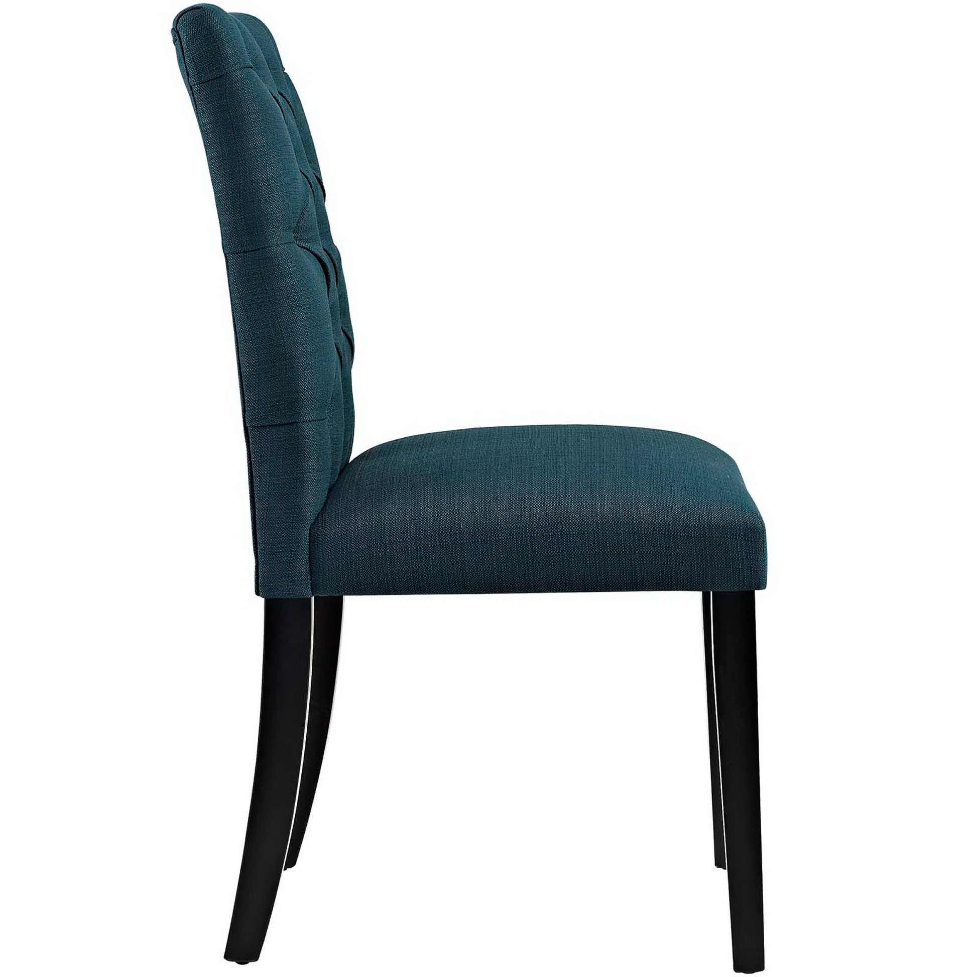 Blue button-tufted fabric dining chair with cushioned seat and black wooden legs.