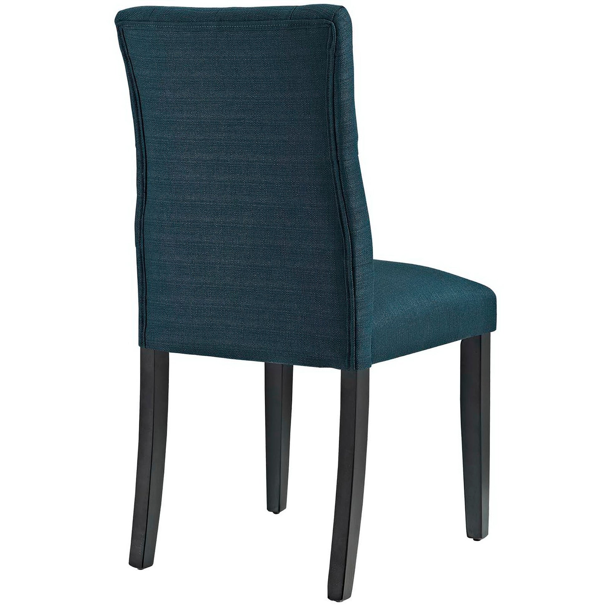 Teal-blue upholstered dining chair with tall padded back and dark wood legs.