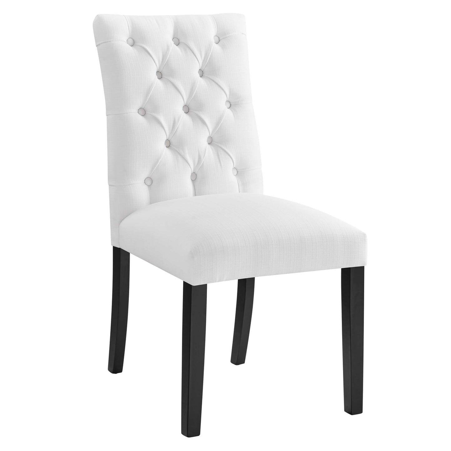 White tufted dining chair with buttoned back, upholstered seat, and black wooden legs.
