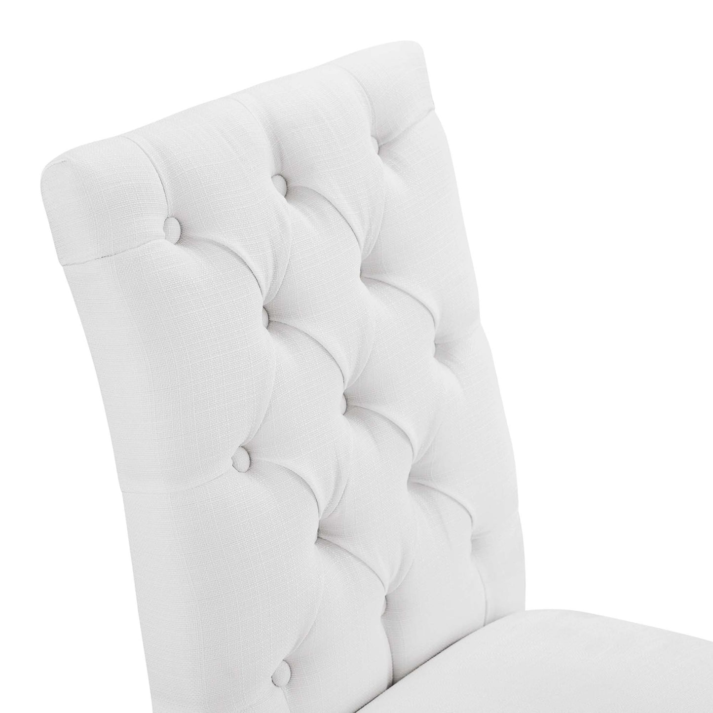 White tufted fabric dining chair with button-tufted grid, curved high back, modern elegant style.