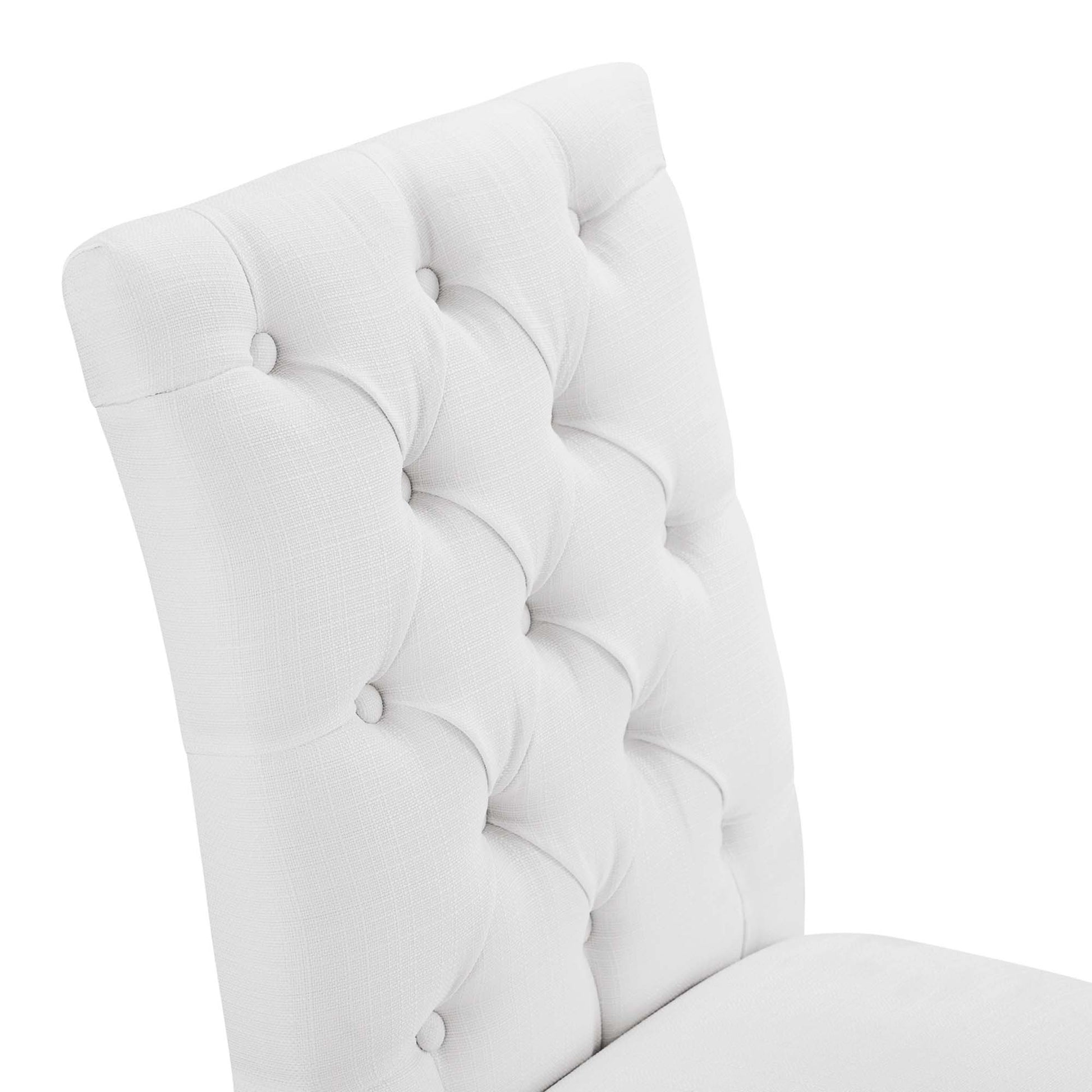 White tufted fabric dining chair with button-tufted grid, curved high back, modern elegant style.