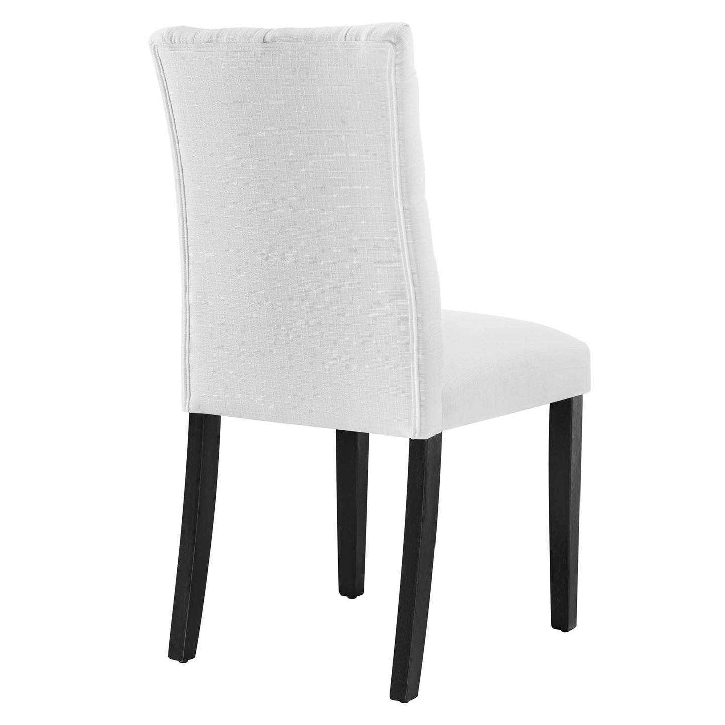 White upholstered dining chair with tall back, fabric seat, dark wood tapered legs, modern style
