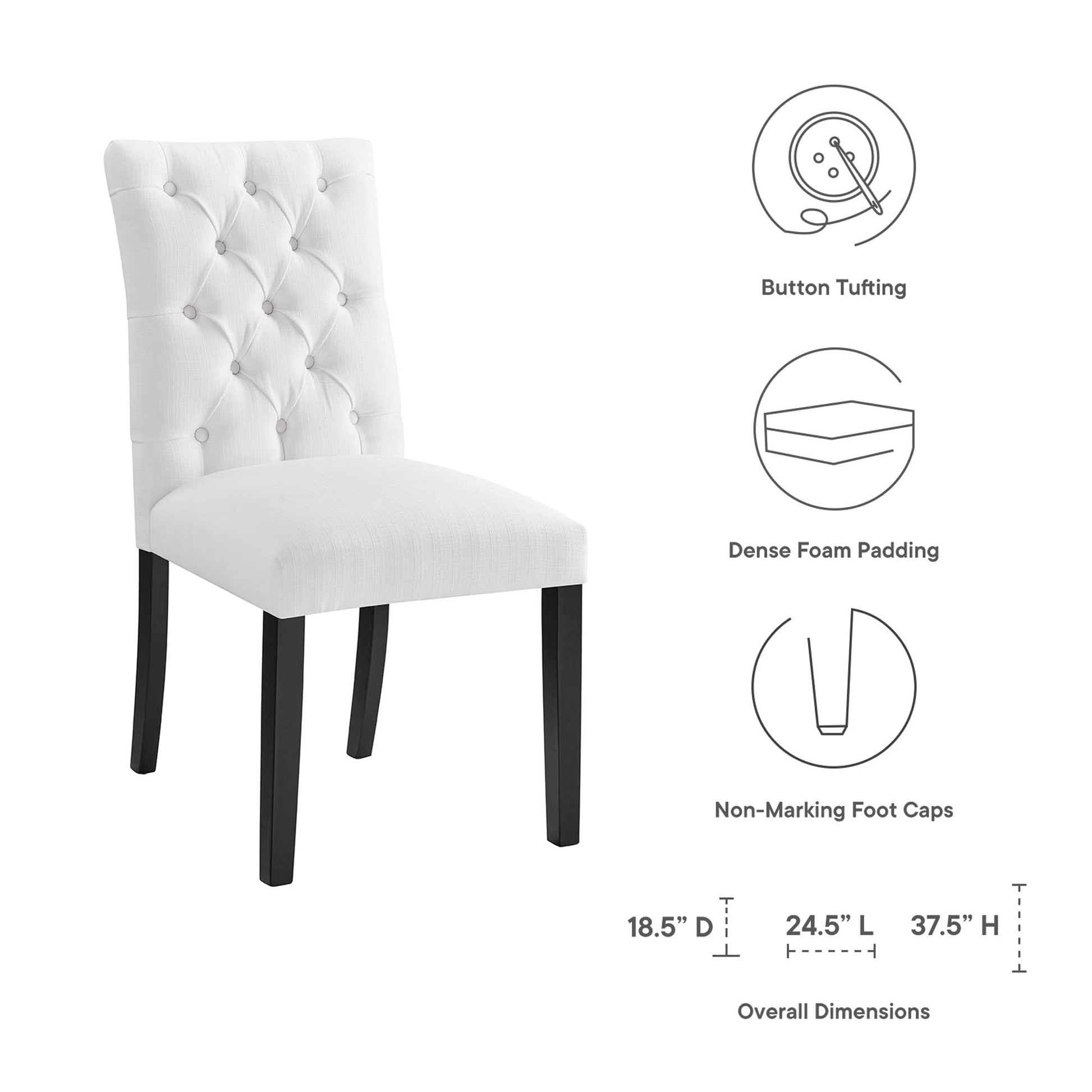 White tufted dining chair with dark wood legs, dense foam padding, and non-marking foot caps.