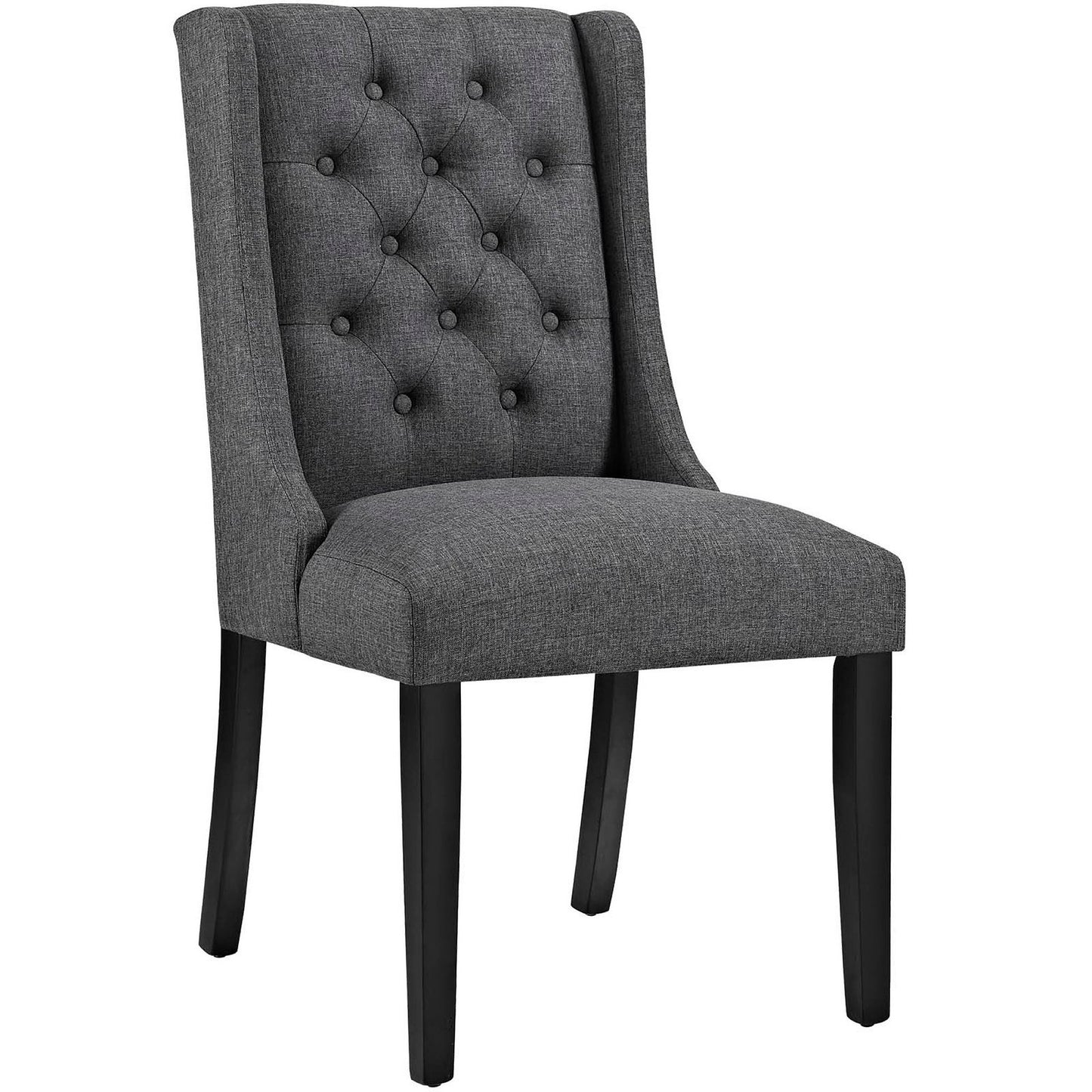 Gray fabric tufted dining chair with wingback, cushioned seat and black wood legs.