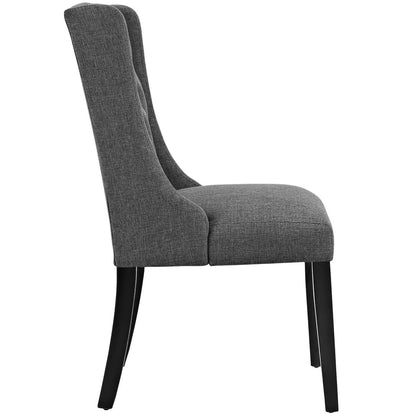Grey upholstered dining chair with high curved back & cushioned seat, black tapered legs.