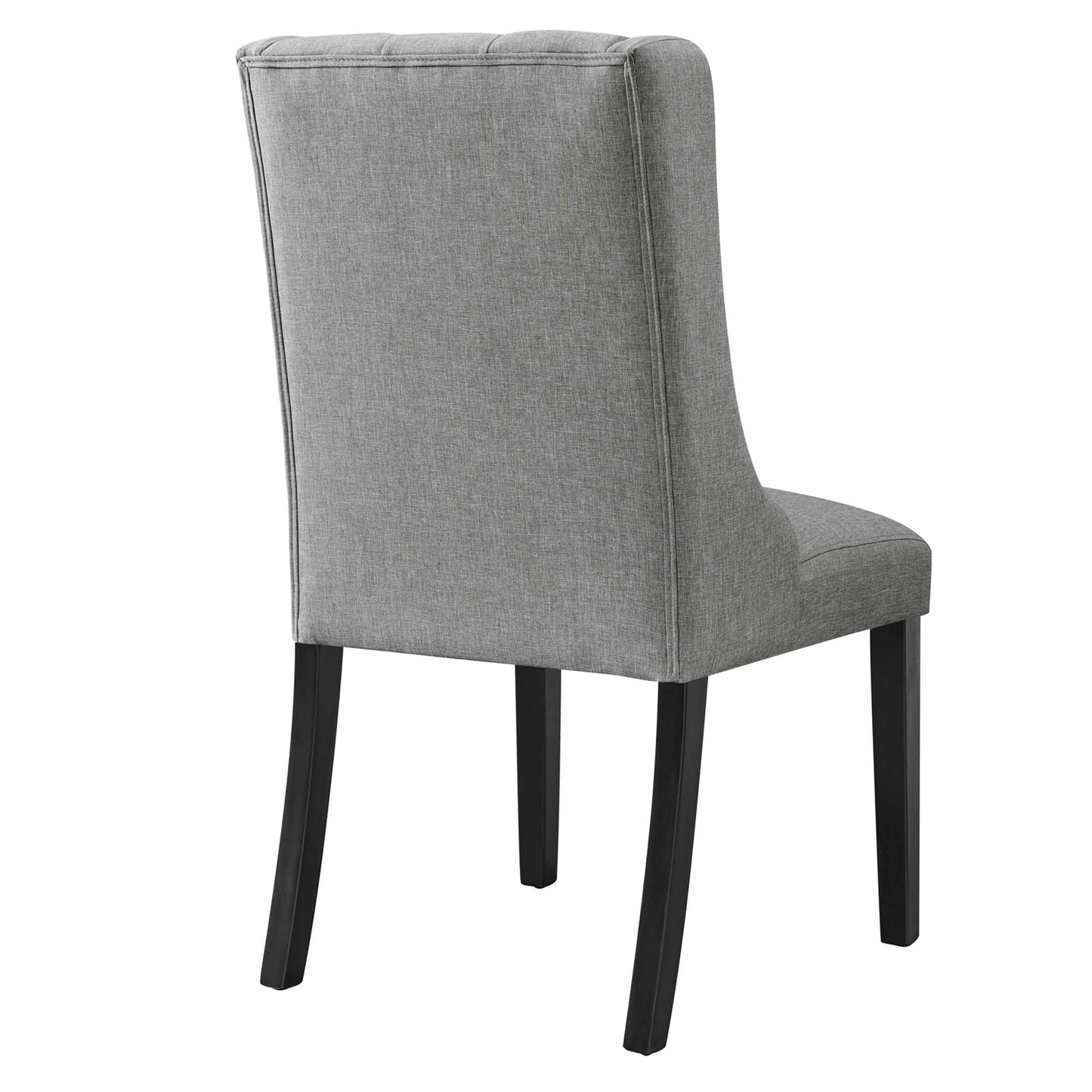 Grey upholstered dining chair with tall padded back, cushioned seat, and dark wooden legs.
