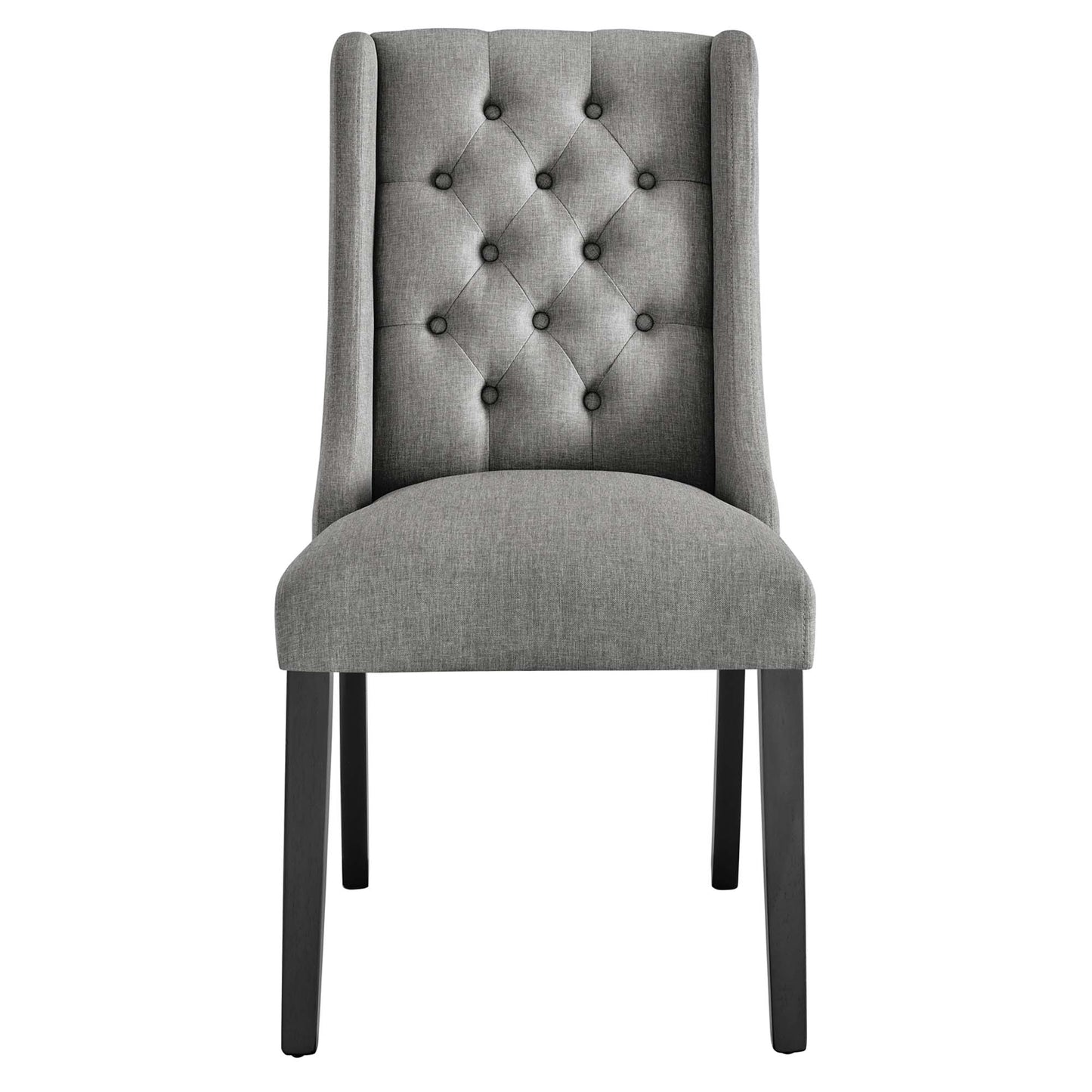 Gray fabric button-tufted dining chair with tall back, cushioned seat, black legs.