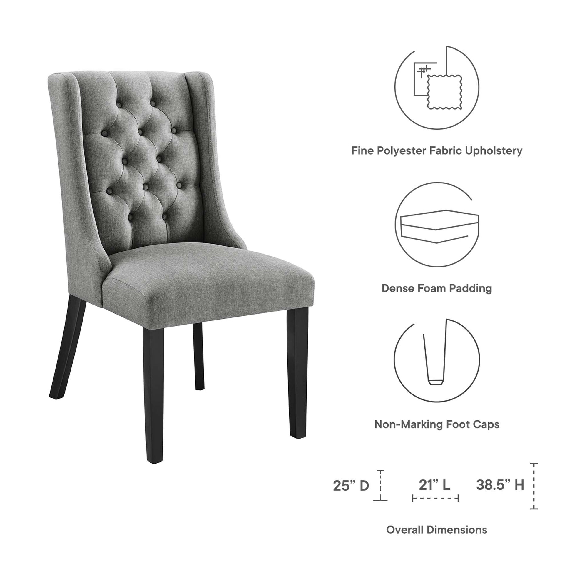 Gray tufted dining chair with tall back, dark legs, polyester fabric upholstery; foam padding; non-marking feet.