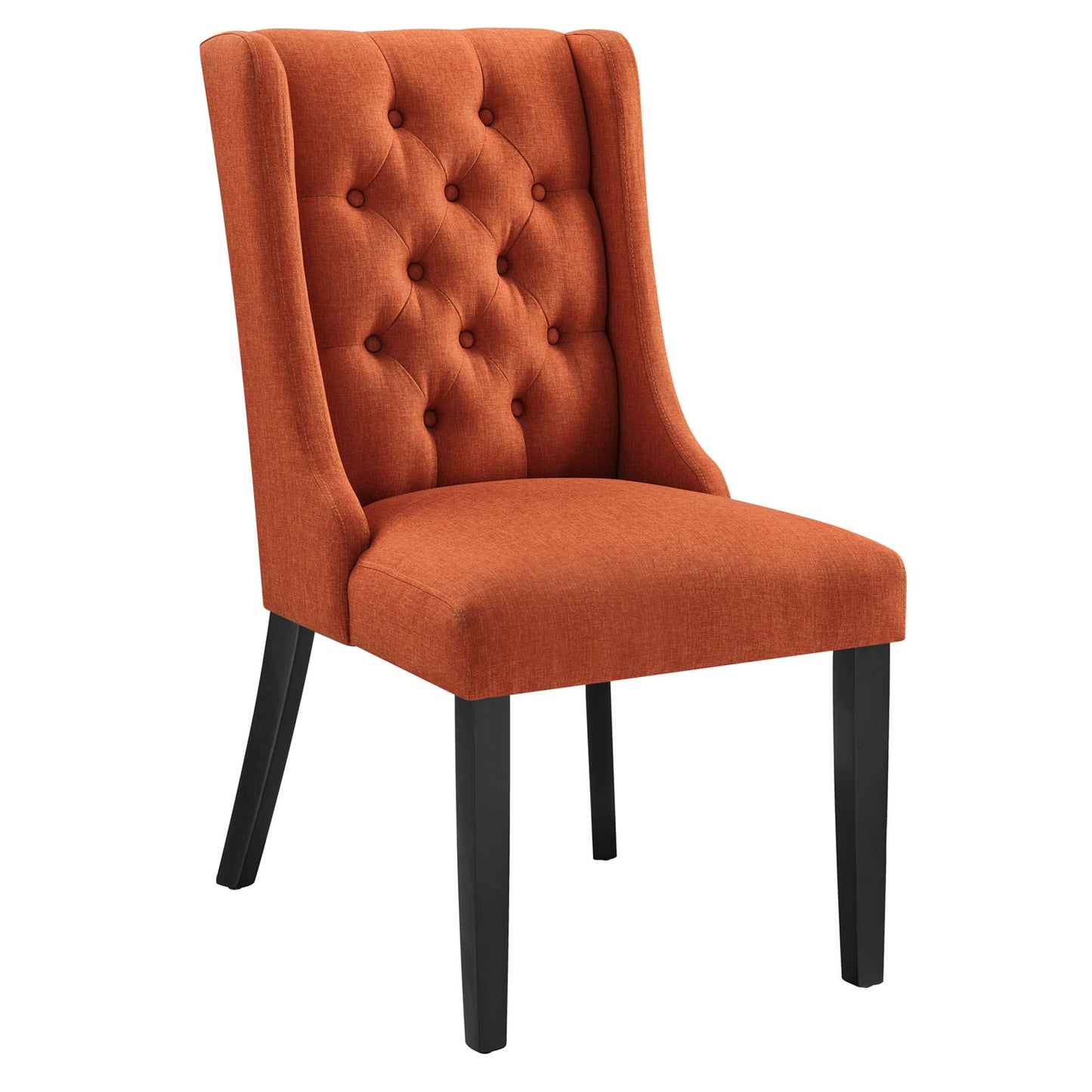 Orange fabric button tufted dining chair with dark tapered wooden legs.