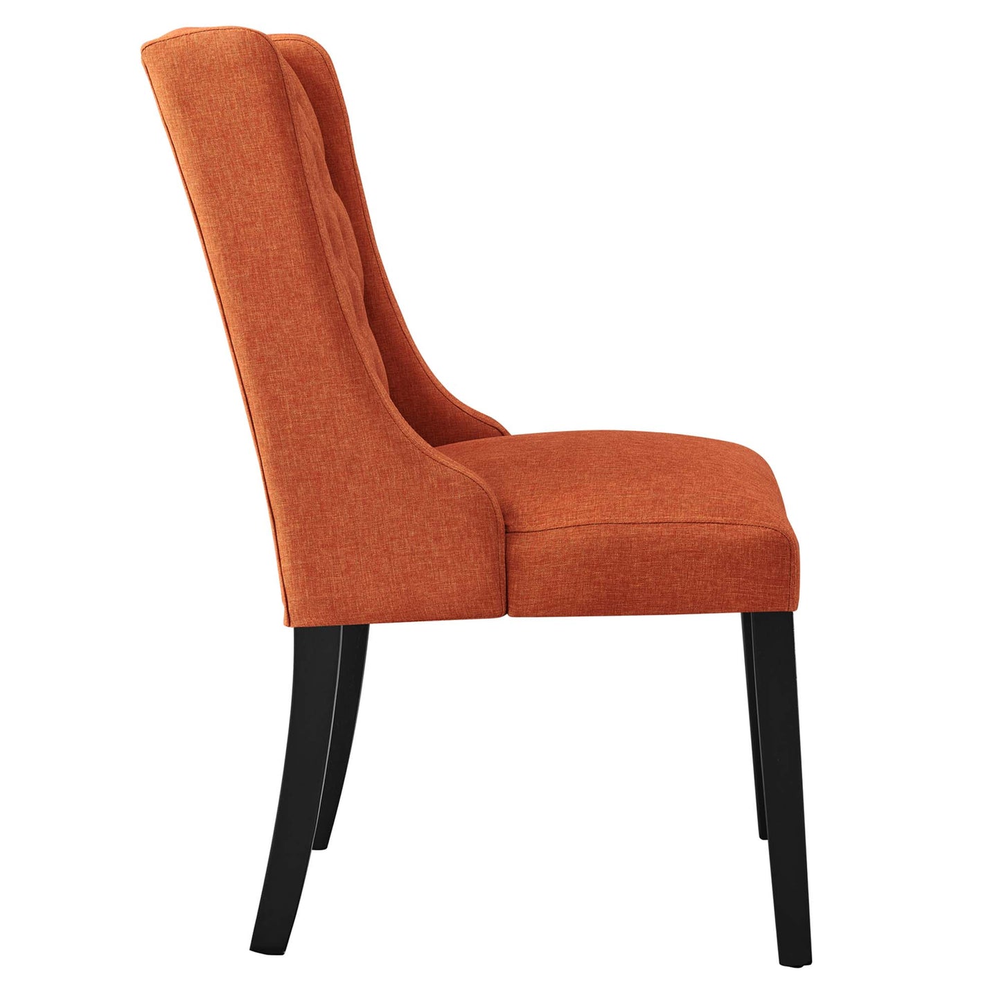 Orange fabric dining chair with tall curved back and cushioned seat on black tapered legs.