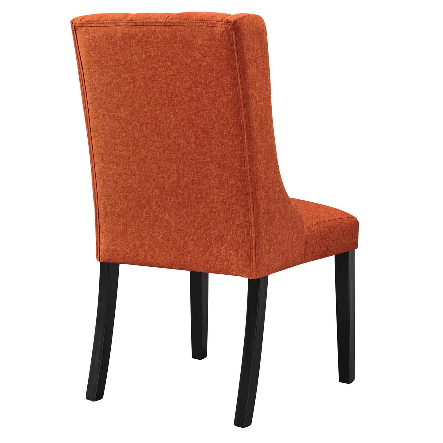 Orange button-tufted fabric dining chair with padded back & seat, black wooden legs.
