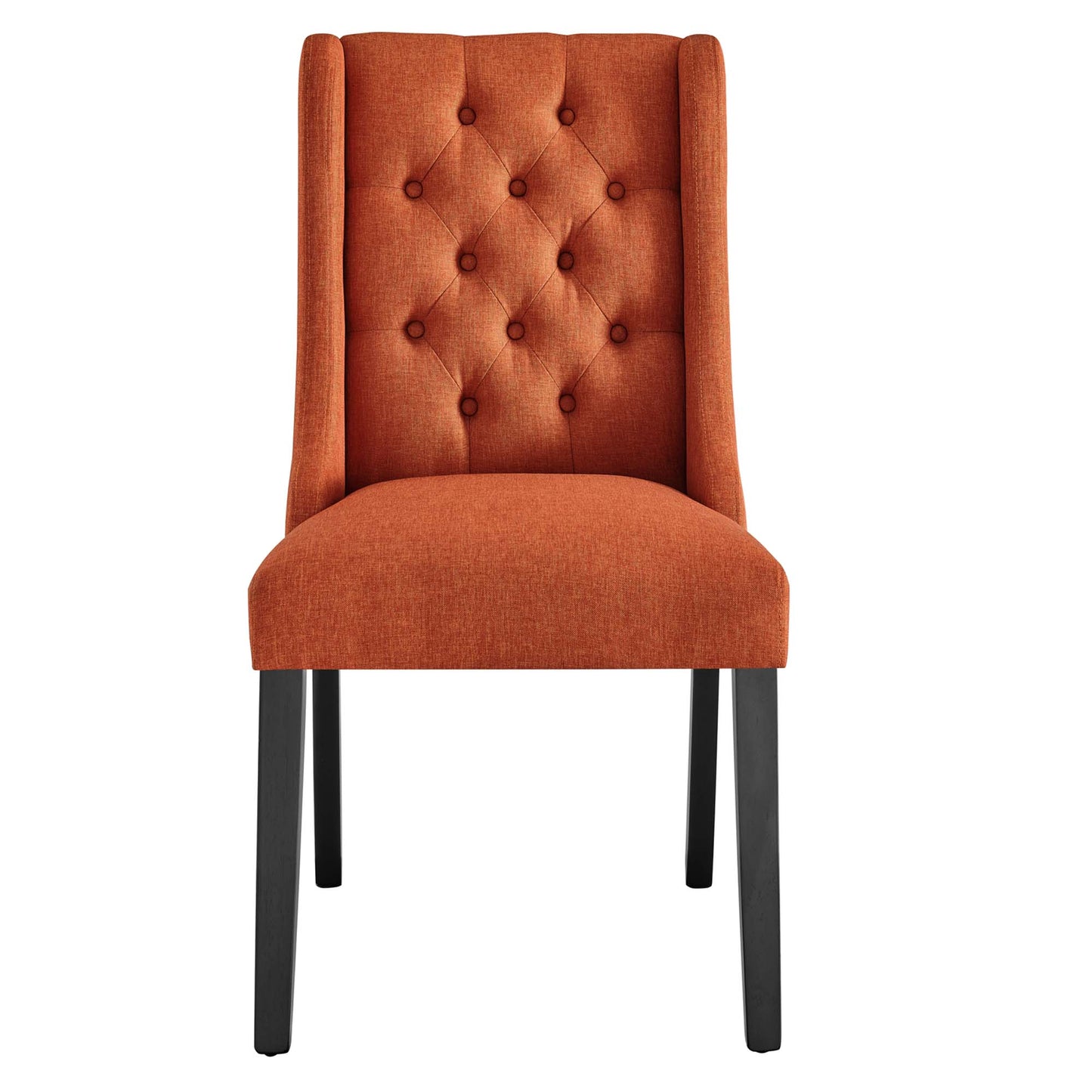 Orange tufted dining chair with tall back, textured fabric, button accents, black legs.
