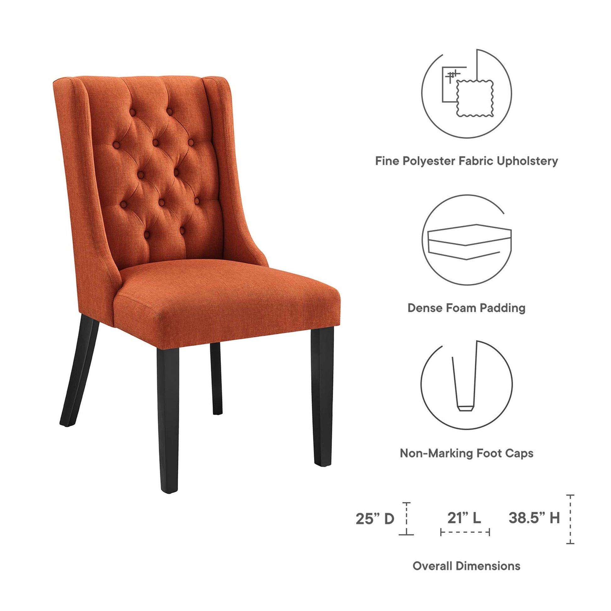 Orange tufted dining chair with black wood legs, polyester upholstery, dense foam padding, and non-marking foot caps.