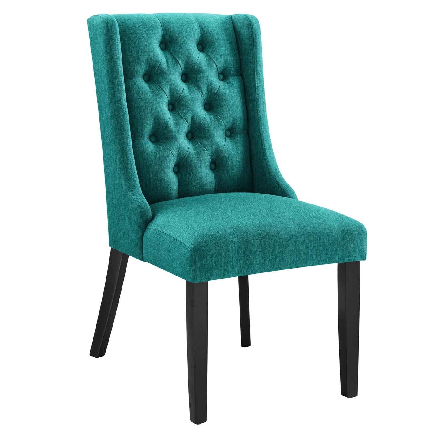 Blue fabric dining chair with button-tufted back, curved tall back, square seat, black wooden legs.