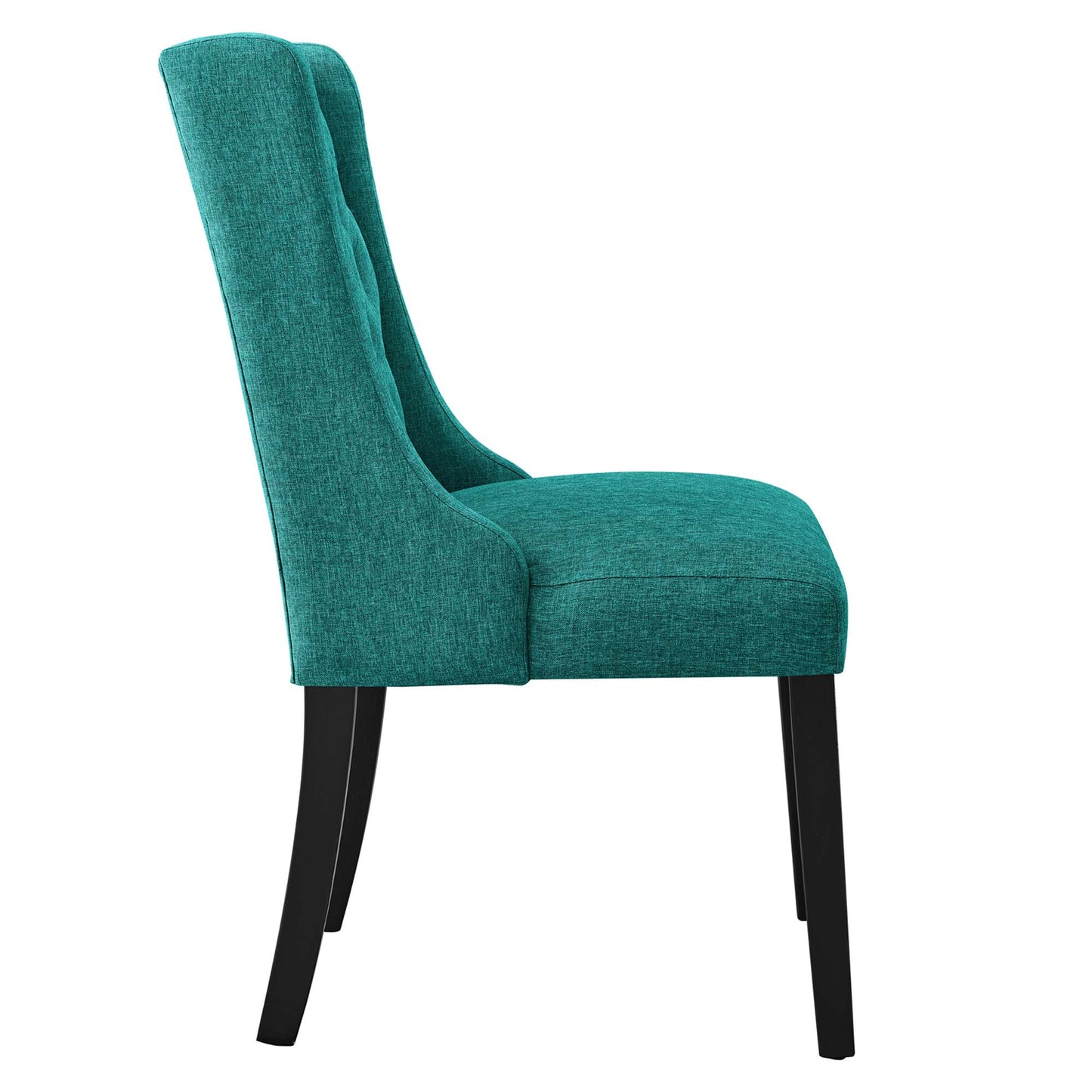 Blue button-tufted fabric dining chair with a curved back and cushioned seat, dark wood legs.