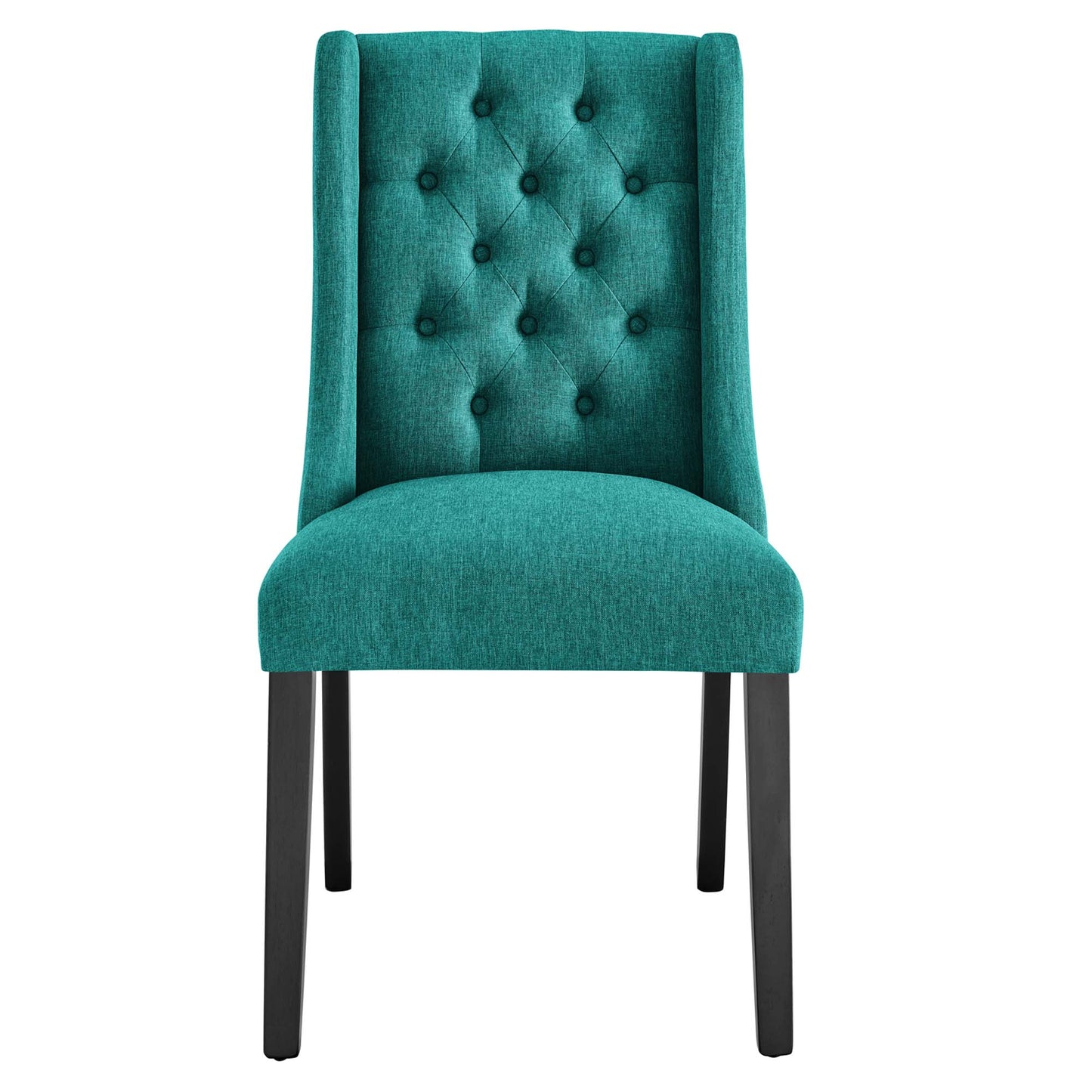 Blue button-tufted fabric dining chair with cushioned seat and dark wood legs.