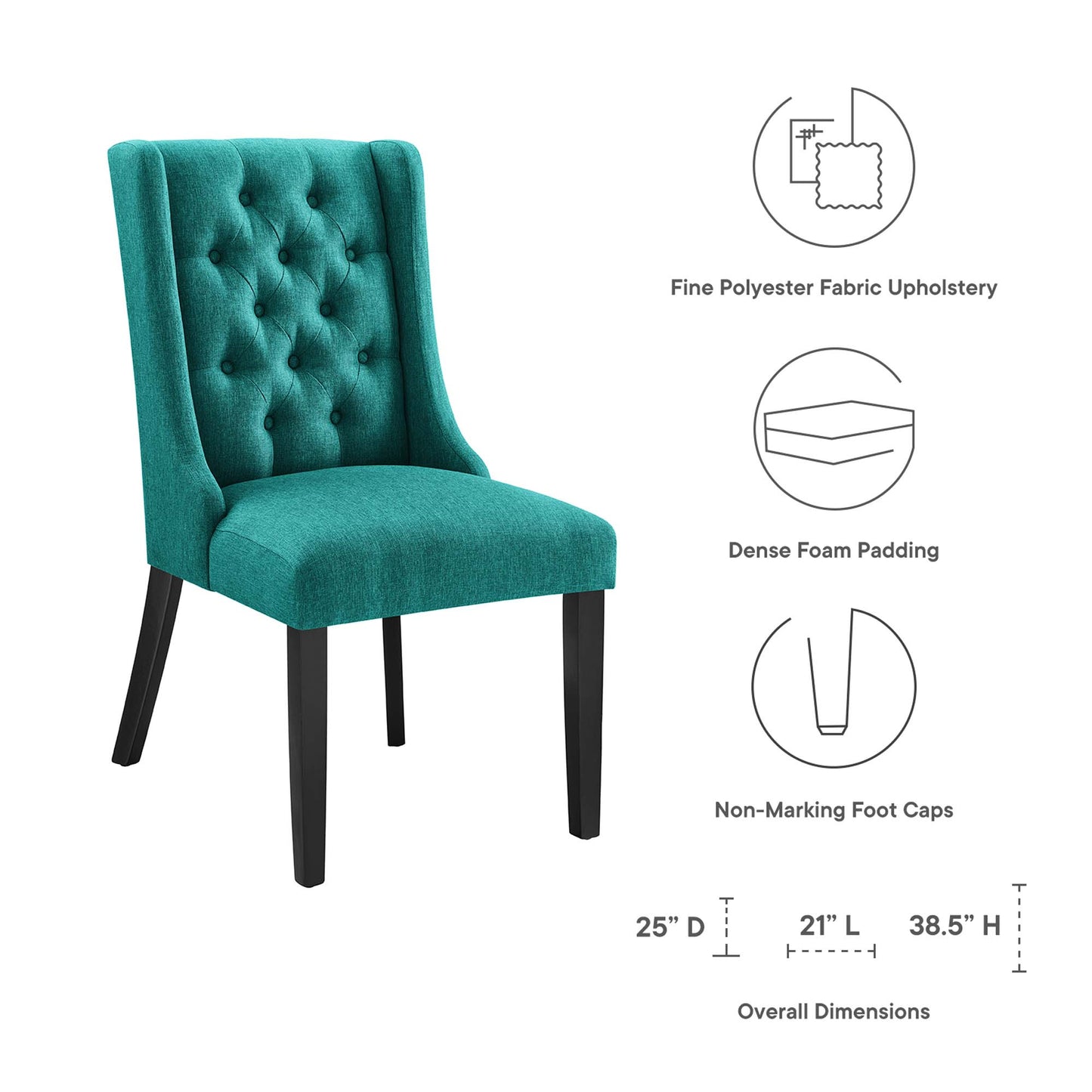 Blue button-tufted dining chair with velvet-like fabric, dense foam padding, and dark tapered legs.