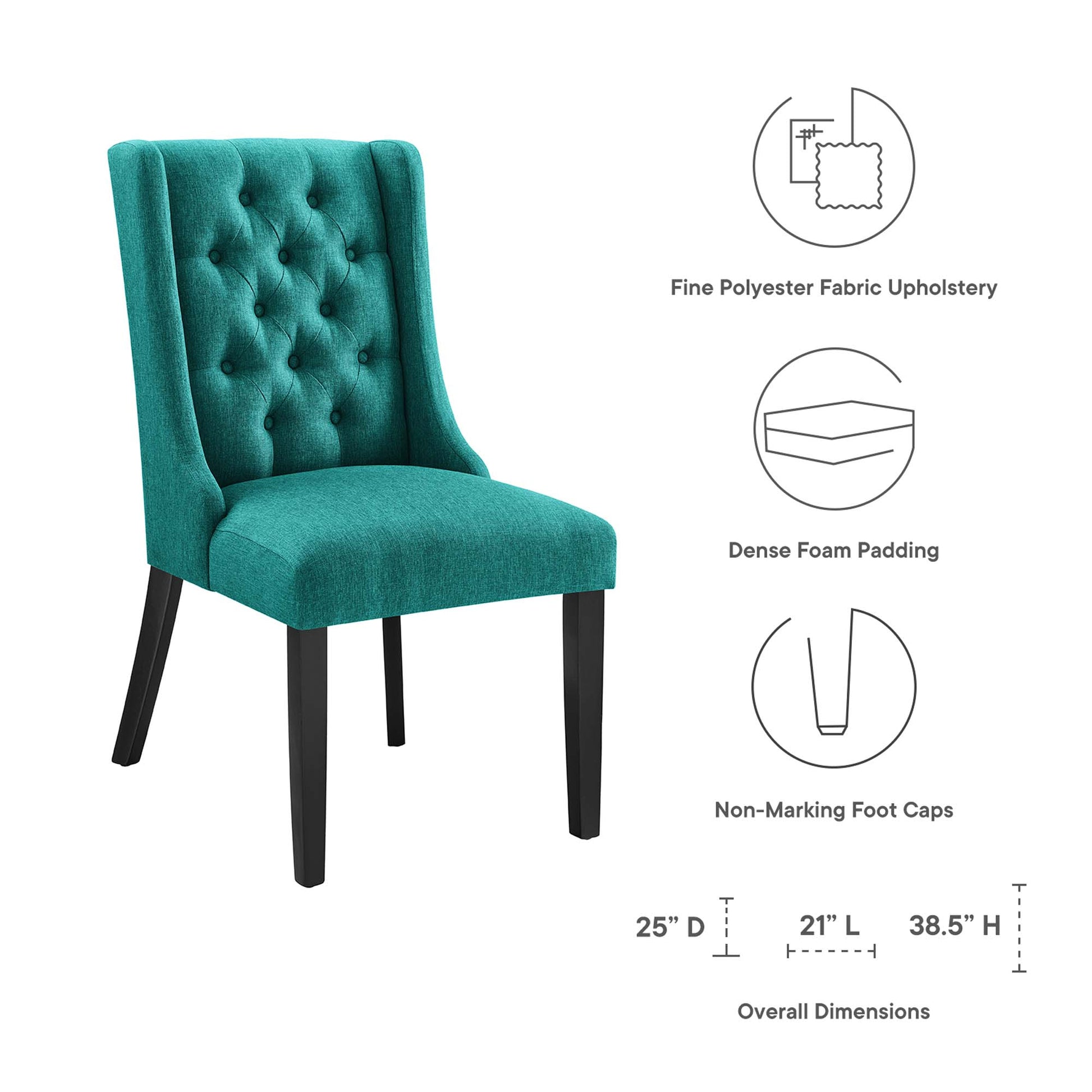 Blue button-tufted dining chair with velvet-like fabric, dense foam padding, and dark tapered legs.