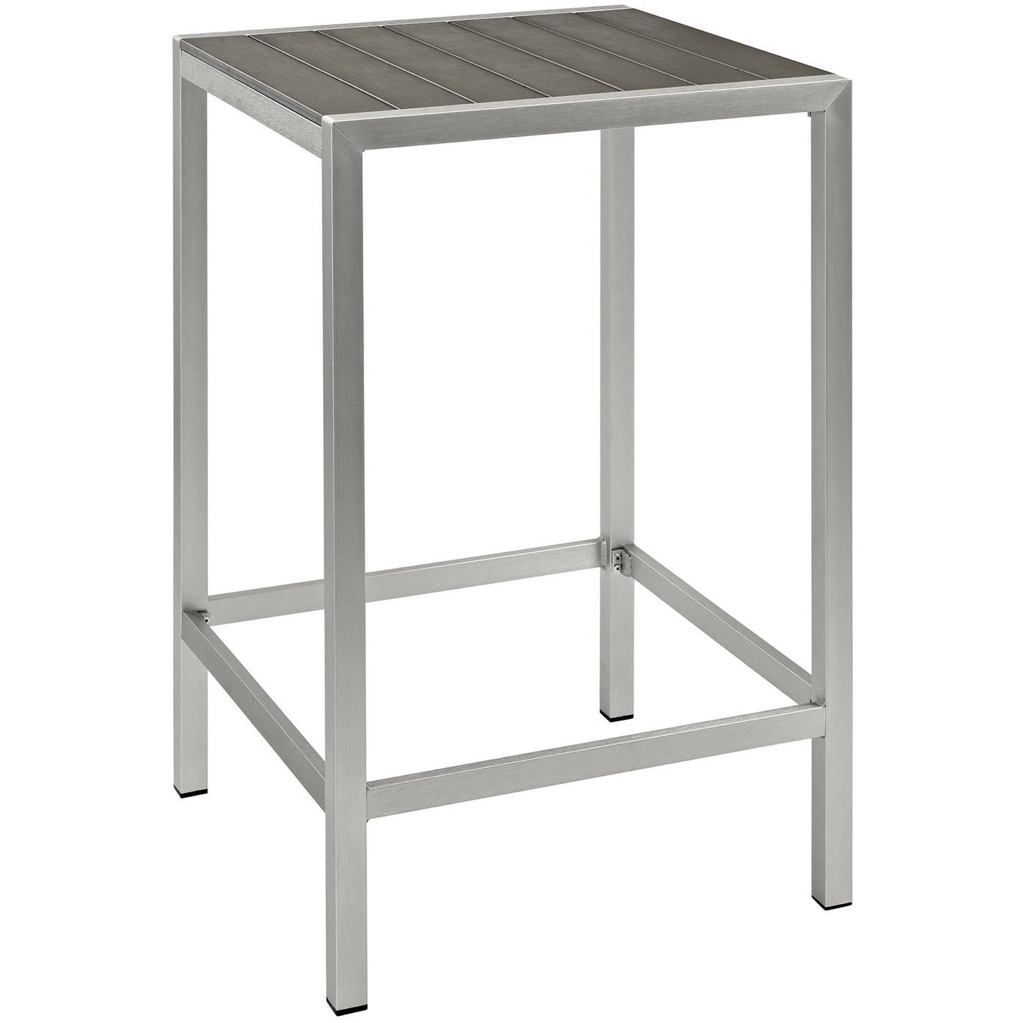 Gray aluminum outdoor bar table with a square top and four straight legs.