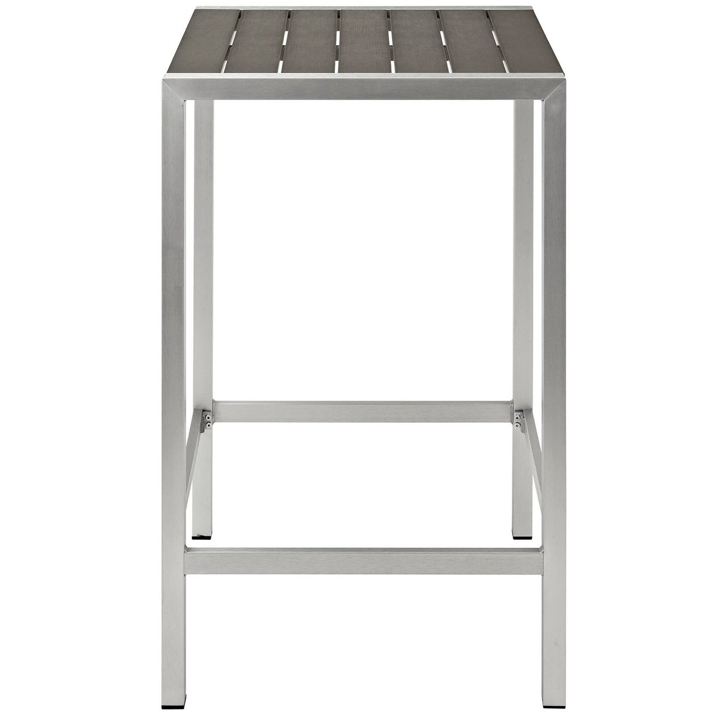 Gray outdoor bar table with an aluminum frame and square legs.