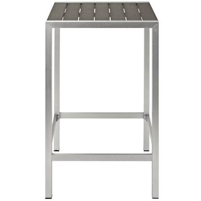 Gray outdoor bar table with an aluminum frame and square legs.