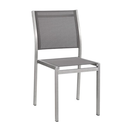 Silver-gray metal chair with gray mesh back and seat, modern outdoor dining chair