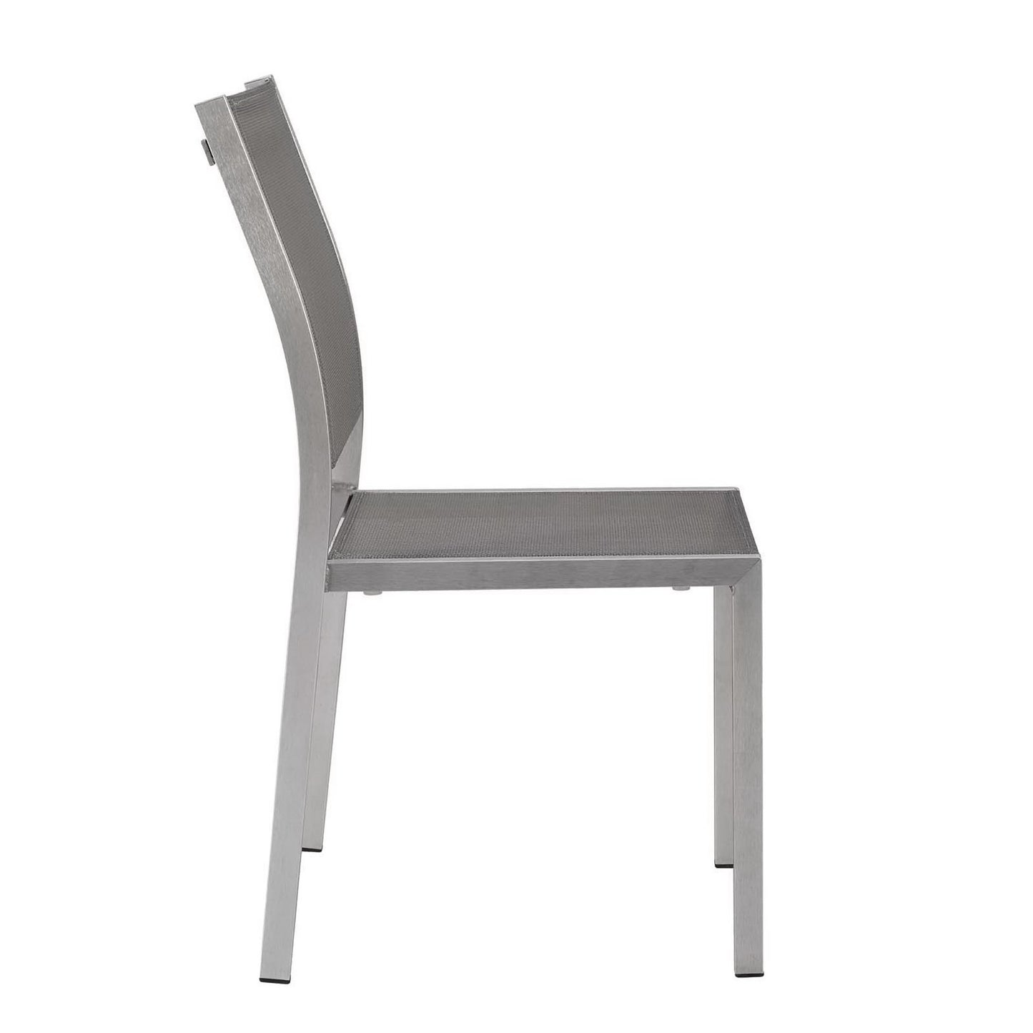 Silver-gray outdoor aluminum side chair with curved backrest and straight square legs, minimalist industrial style.