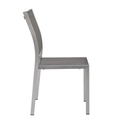 Silver-gray outdoor aluminum side chair with curved backrest and straight square legs, minimalist industrial style.