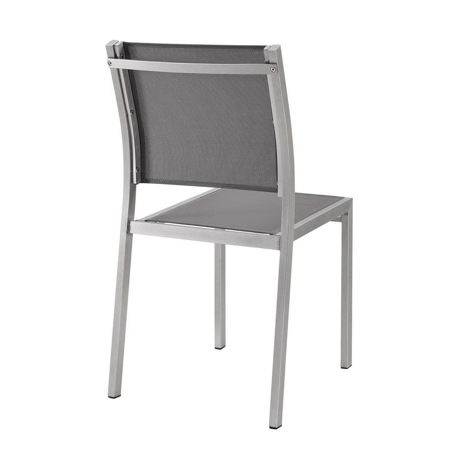 Silver-gray aluminum dining chair with mesh back and solid seat, modern outdoor patio furniture.