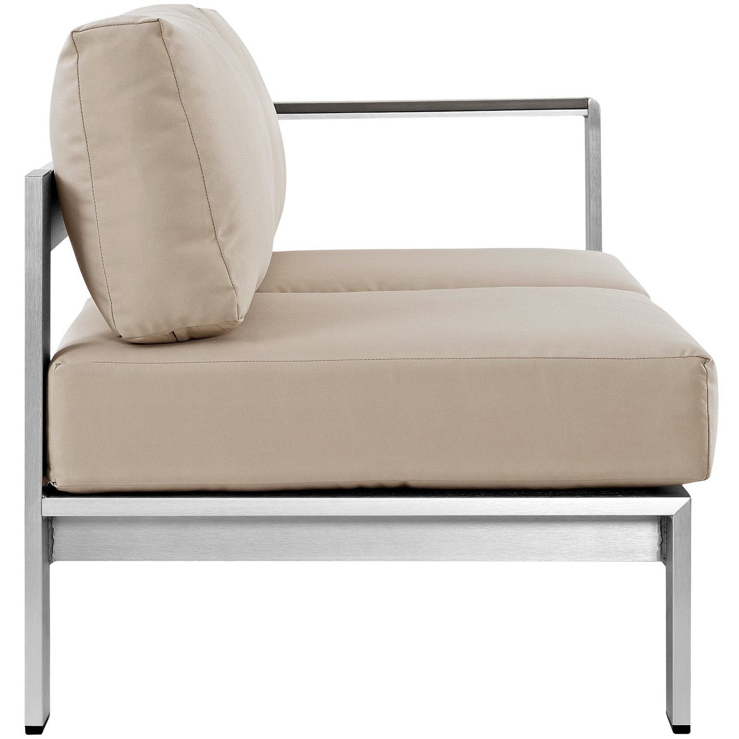 Beige fabric cushioned outdoor right-arm corner sectional loveseat with an aluminum frame.