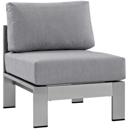 Modern metal-framed outdoor aluminum chair with thick slate gray cushions; square legs, minimalist contemporary style, indoor/outdoor use.