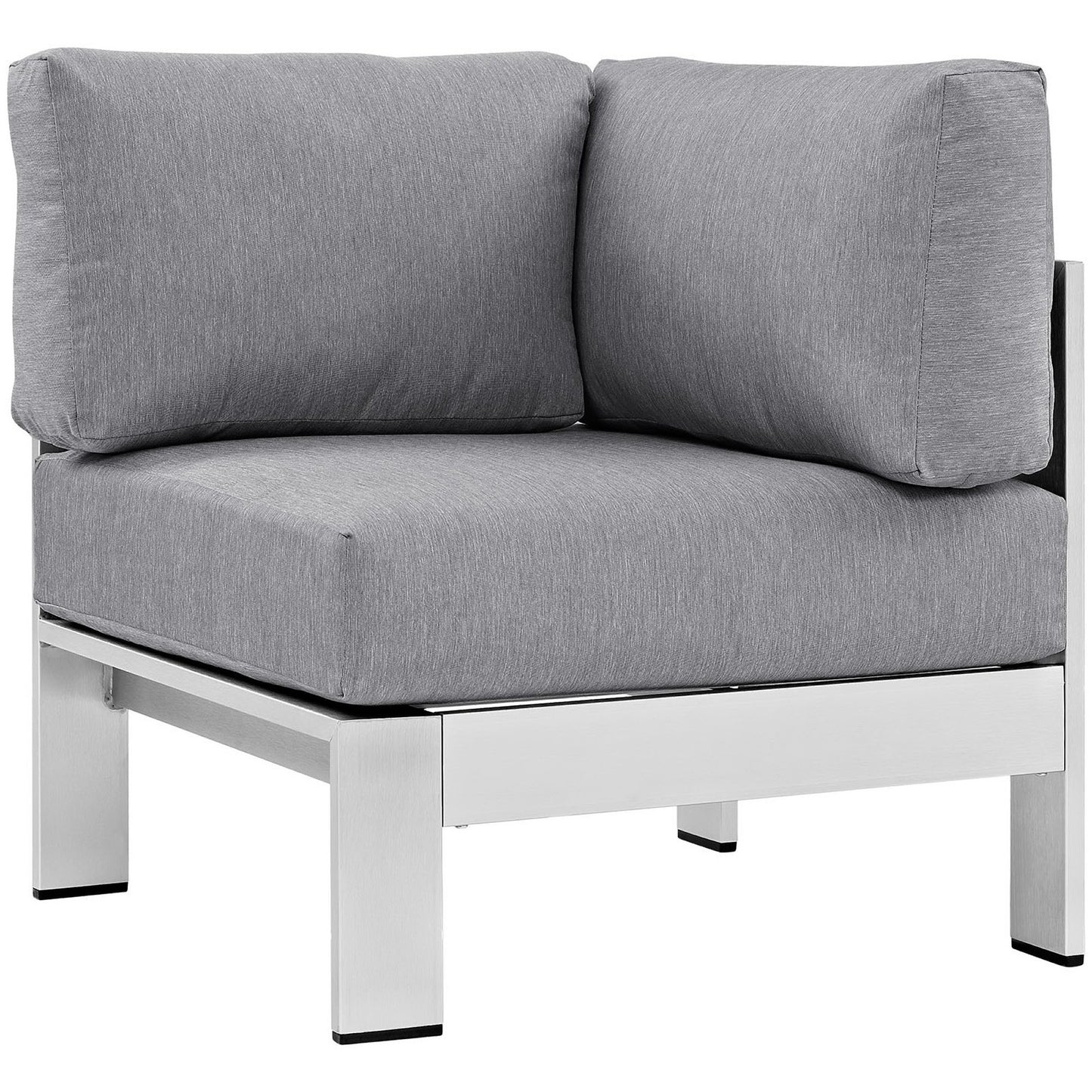 Outdoor aluminum corner sectional sofa with a silver frame and light gray cushions.