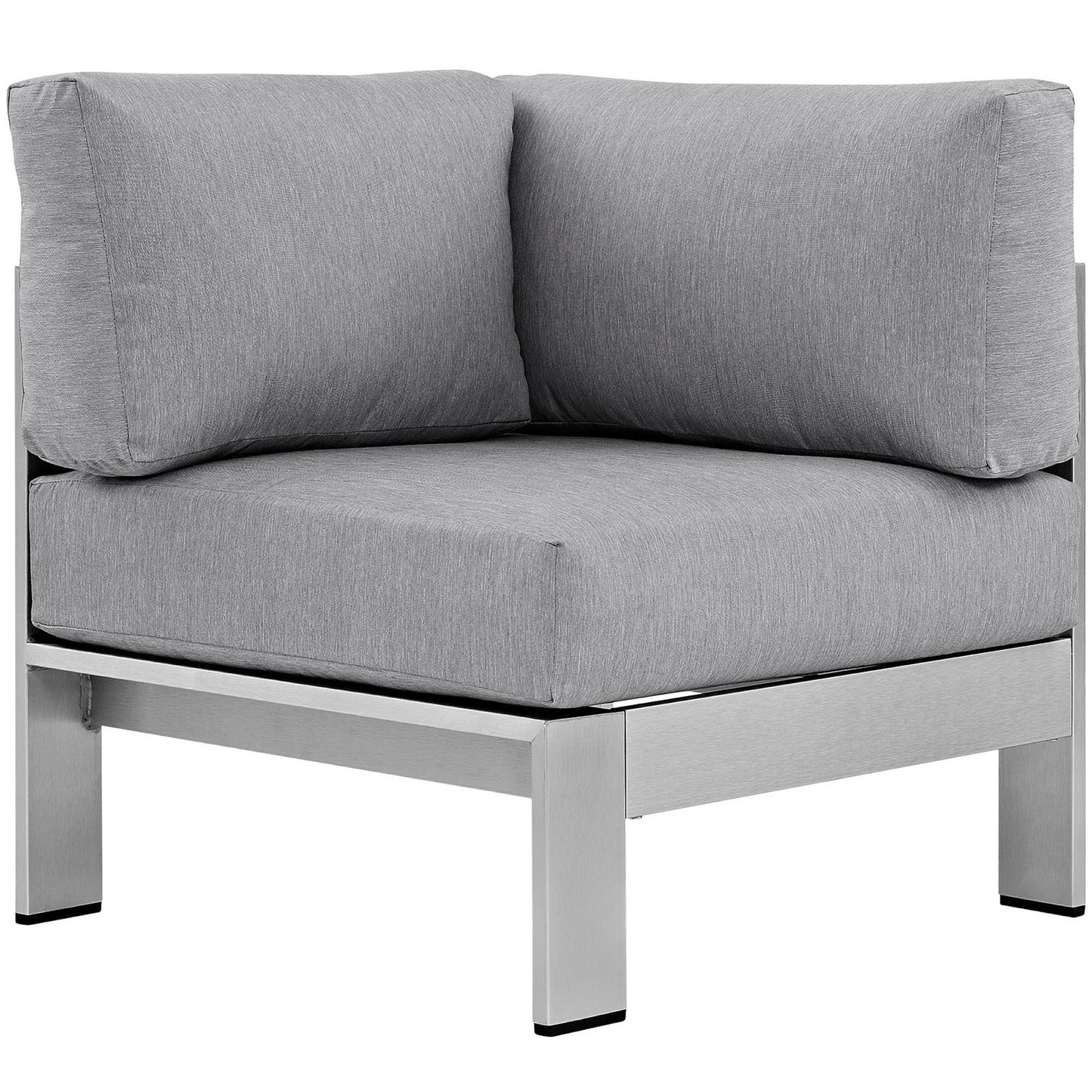 Gray outdoor aluminum corner sectional sofa with cushioned seats and a silver metal frame with square legs.