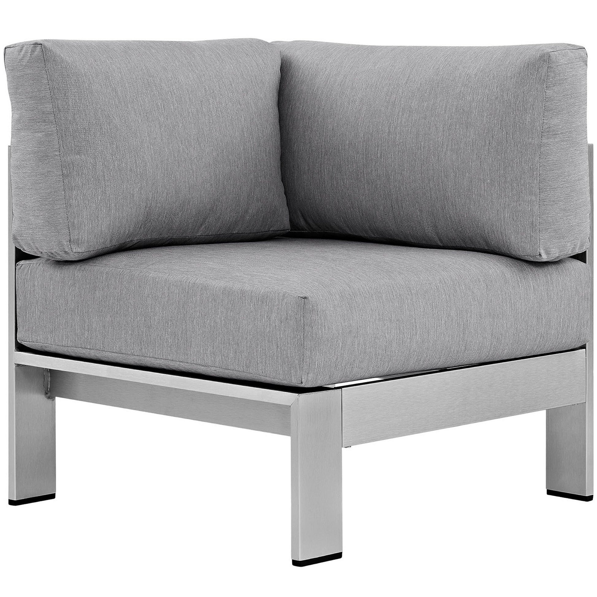 Gray outdoor aluminum corner sectional sofa with cushioned seats and a silver metal frame with square legs.